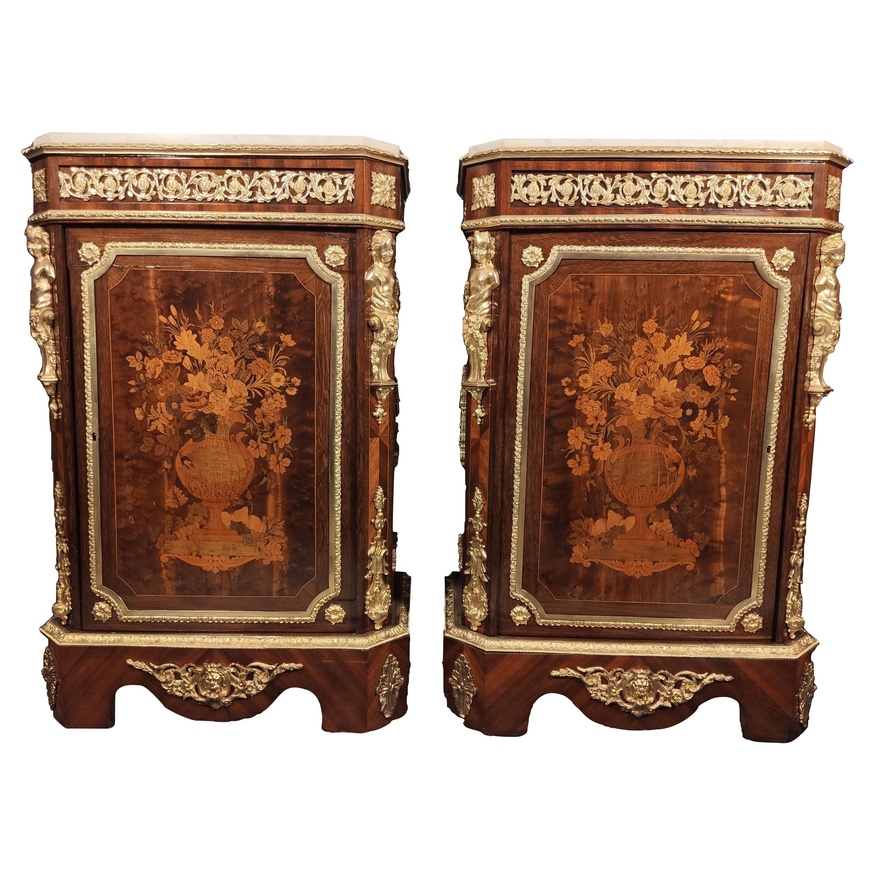 Pair of Napoleon III Cabinets with Rich Decoration in Wood Marquetry 19th Centur