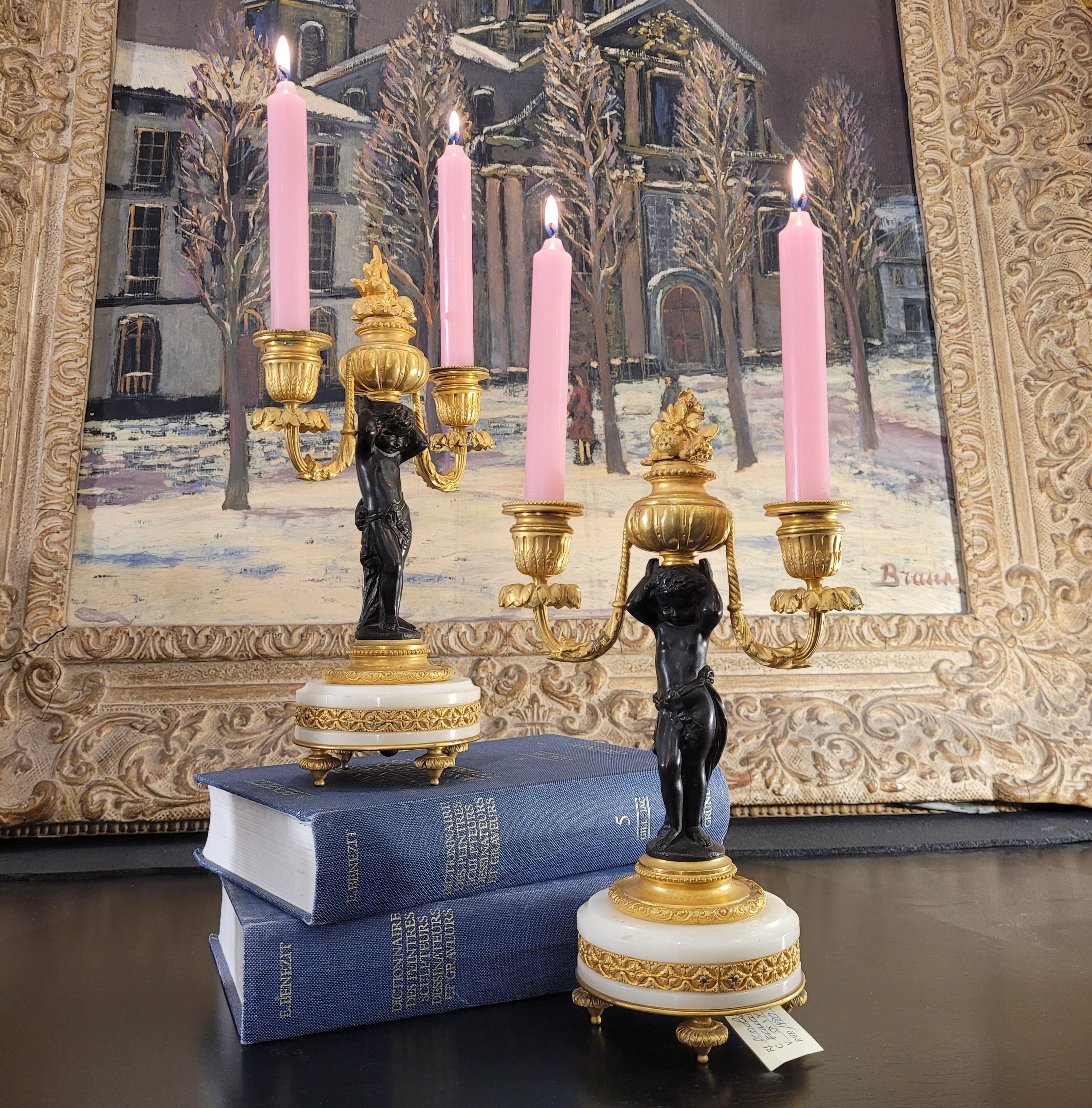 Pair of Napoleon III Candelsticks in Ormolu Putti, Bronze, Ormolu Marble France in vendita 11