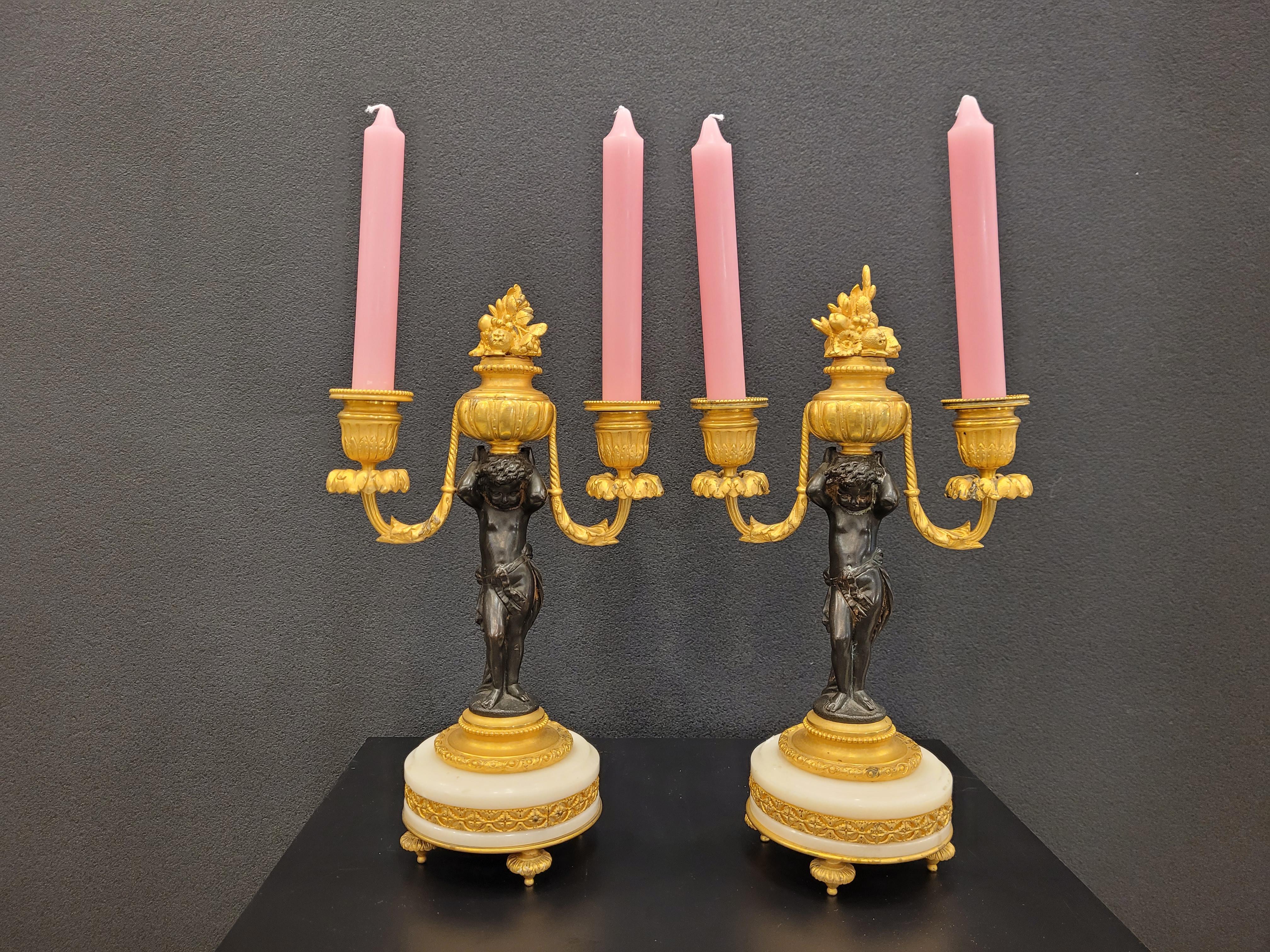 Napoleone III Pair of Napoleon III Candelsticks in Ormolu Putti, Bronze, Ormolu Marble France in vendita