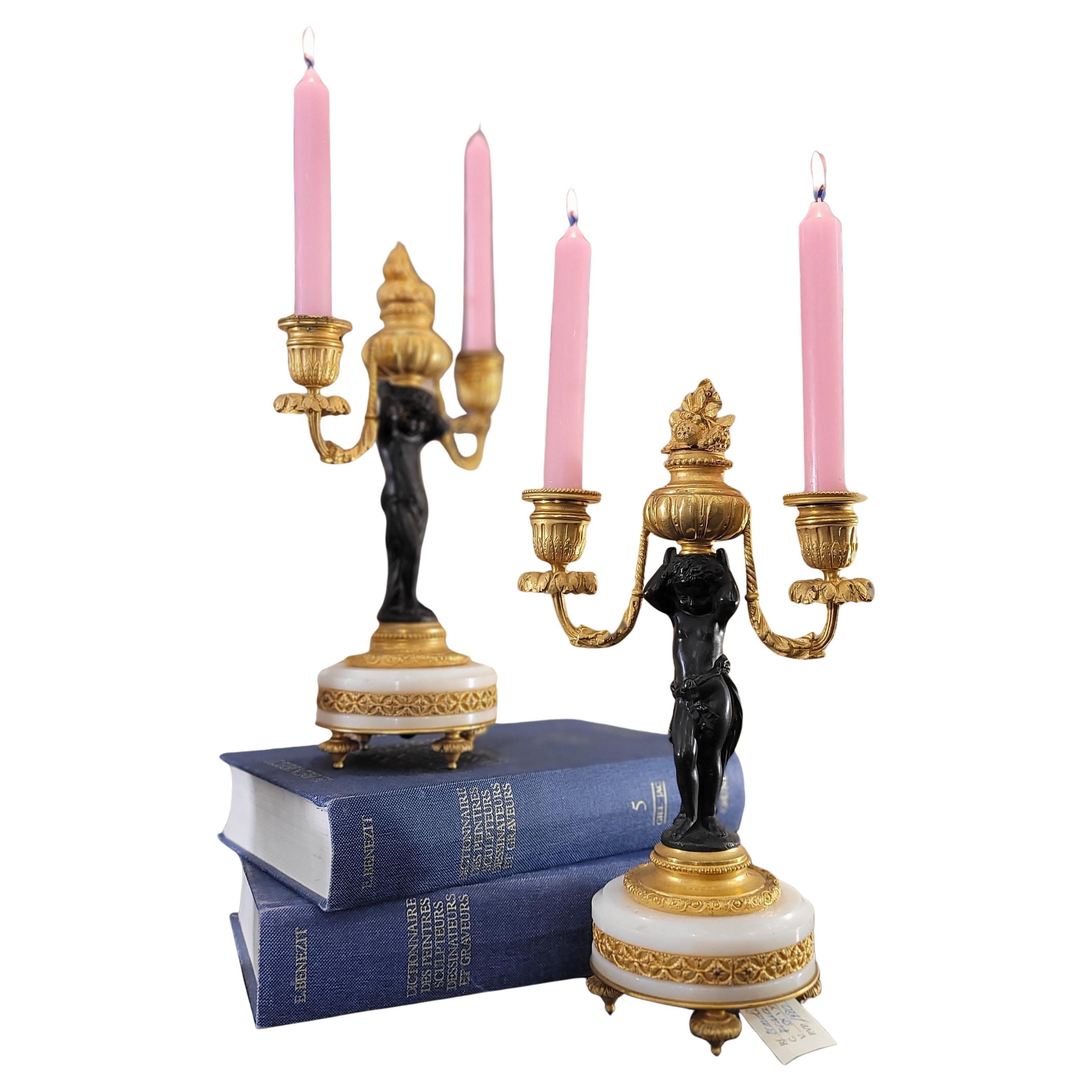 Pair of Napoleon III Candelsticks in Ormolu Putti, Bronze, Ormolu Marble France in vendita