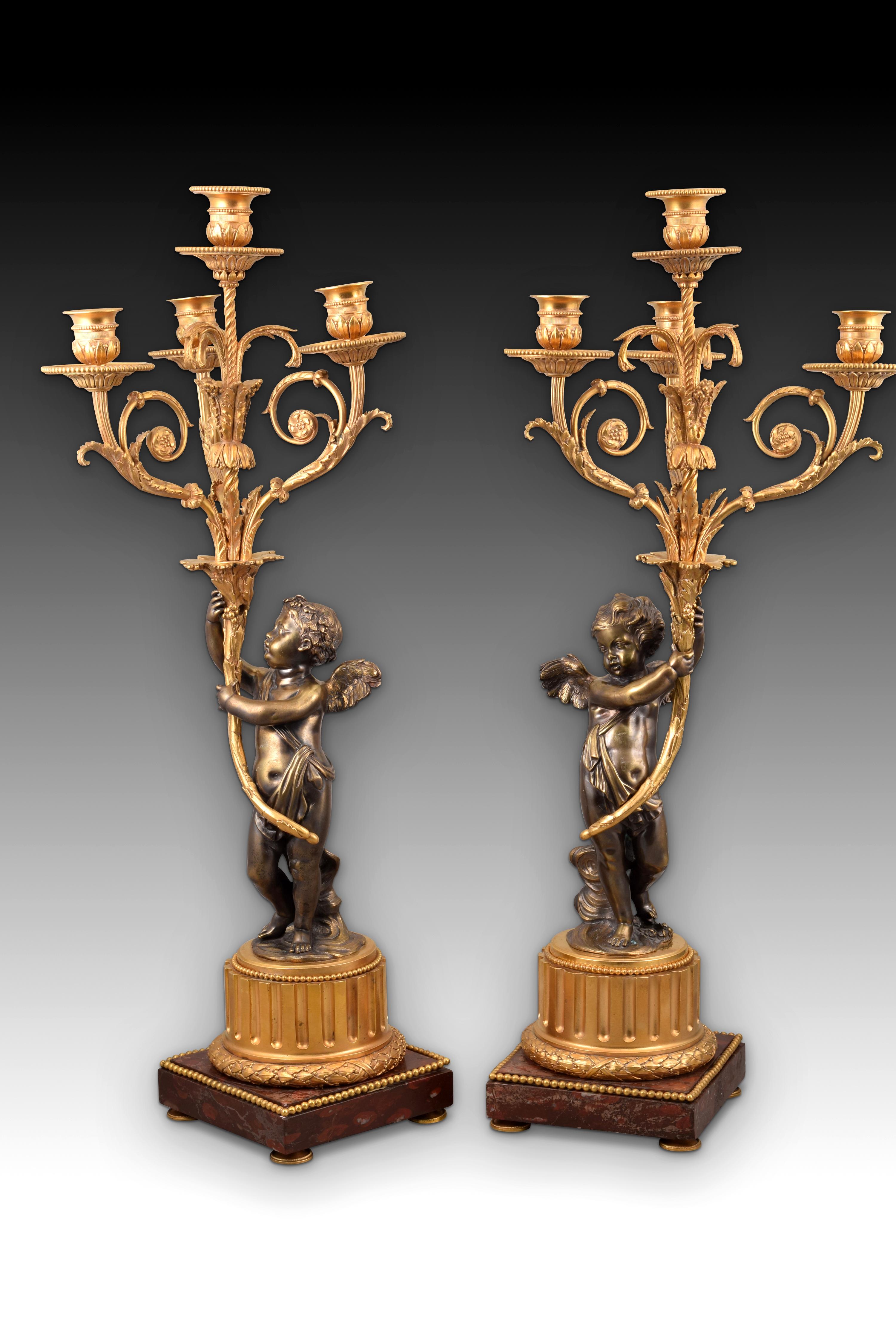 Paire de chandeliers Napoléon III, bronze, marbre, France, XIXe siècle Bon état à Madrid, ES