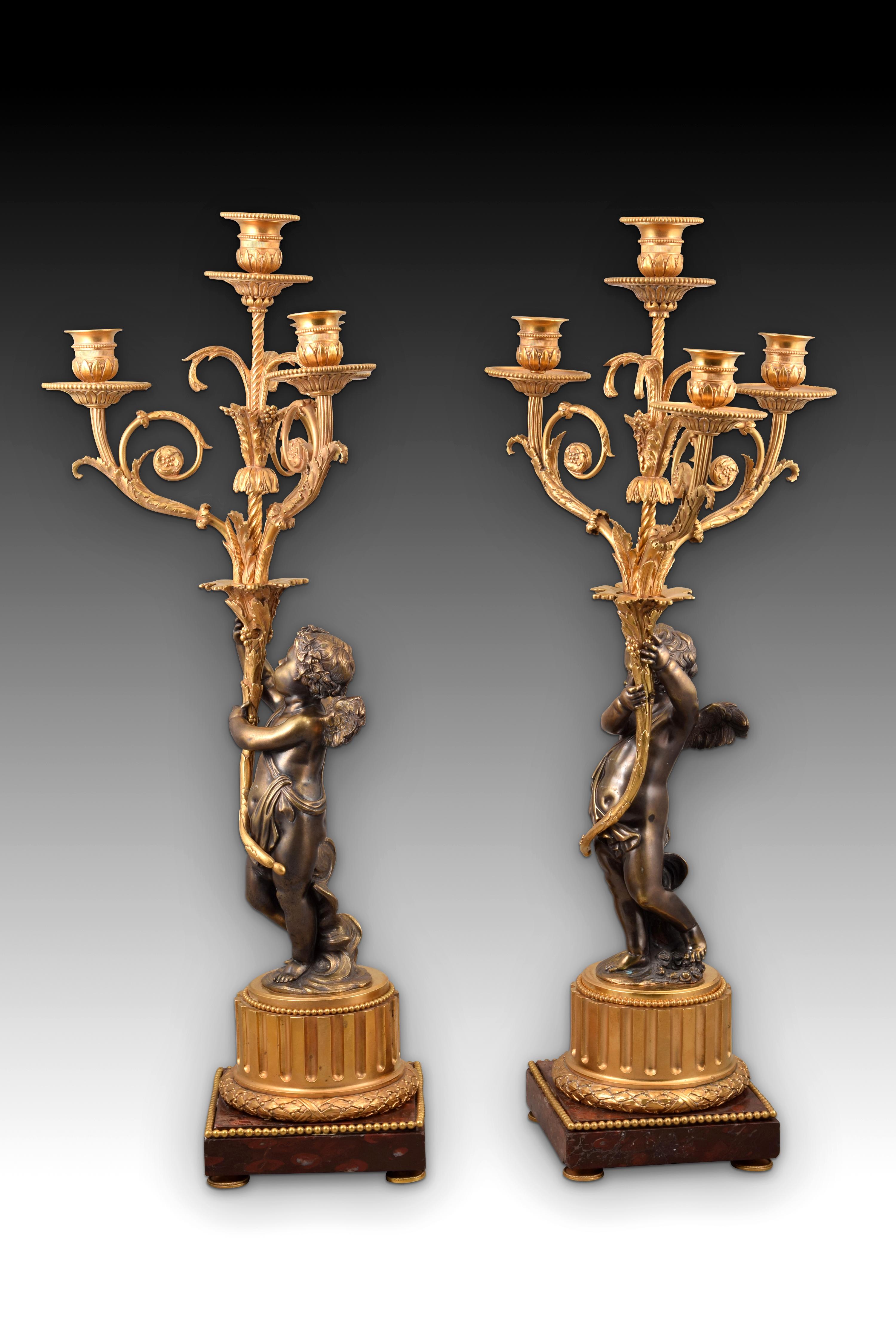 Bronze Paire de chandeliers Napoléon III, bronze, marbre, France, XIXe siècle