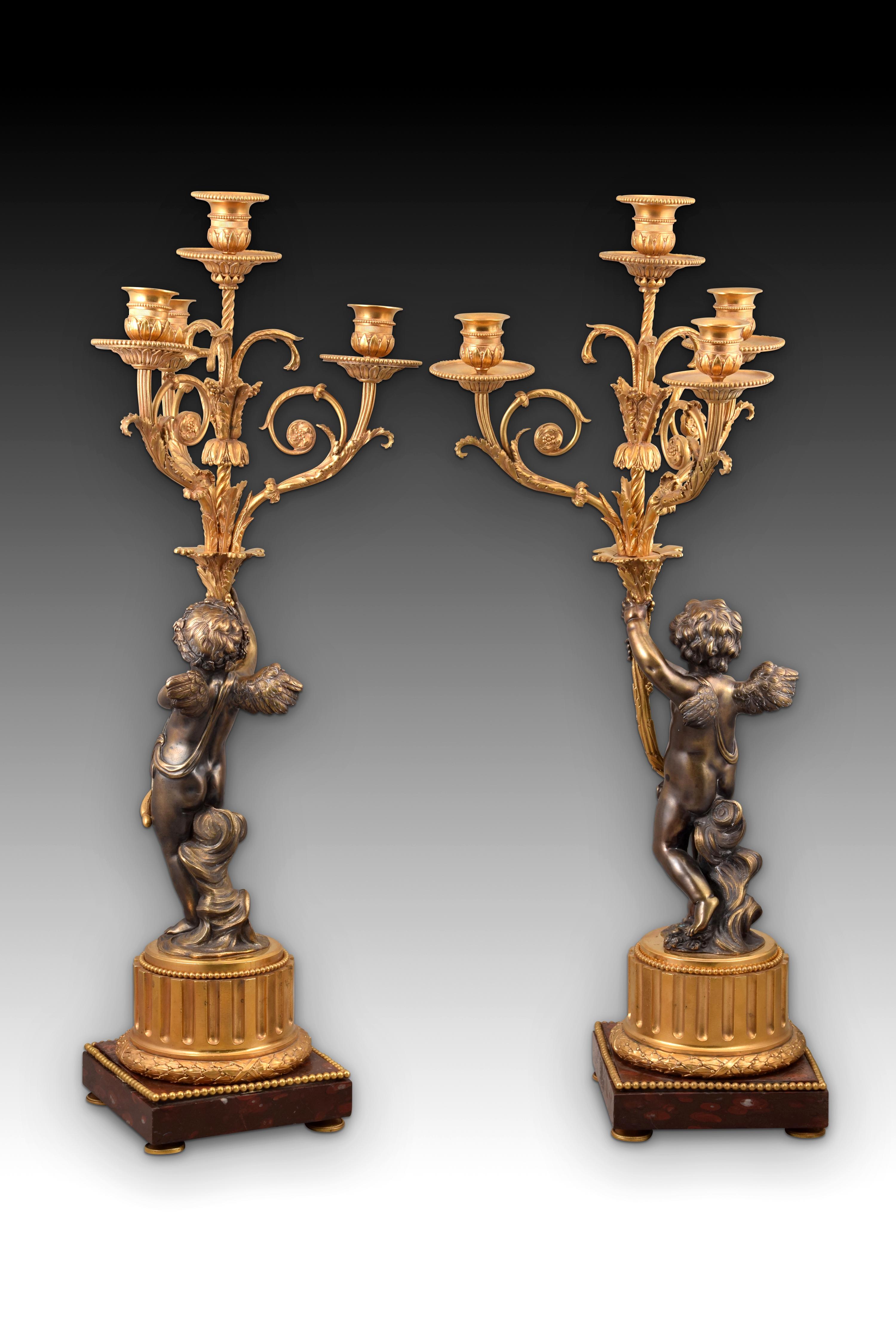 Paire de chandeliers Napoléon III, bronze, marbre, France, XIXe siècle 1