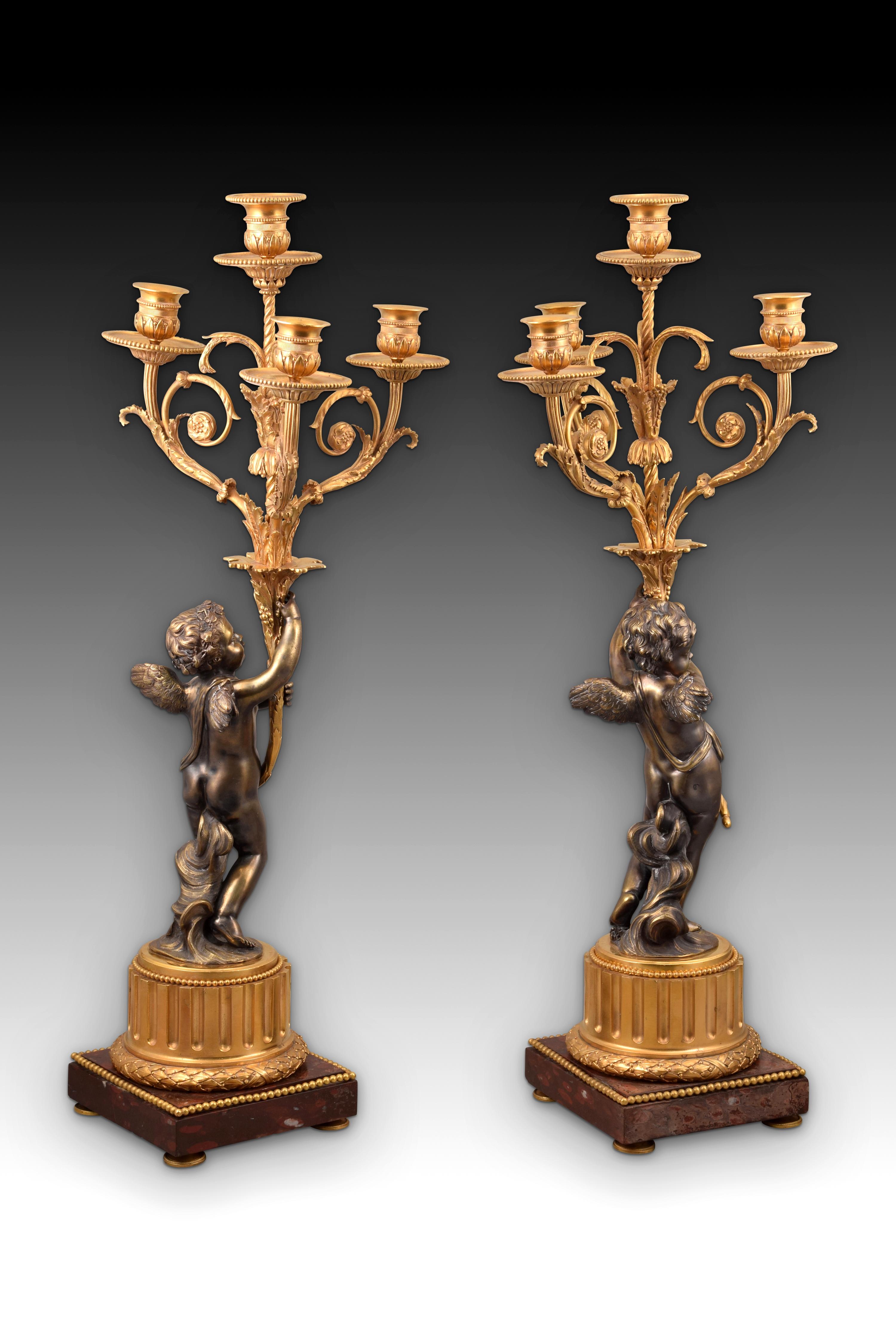 Paire de chandeliers Napoléon III, bronze, marbre, France, XIXe siècle 2