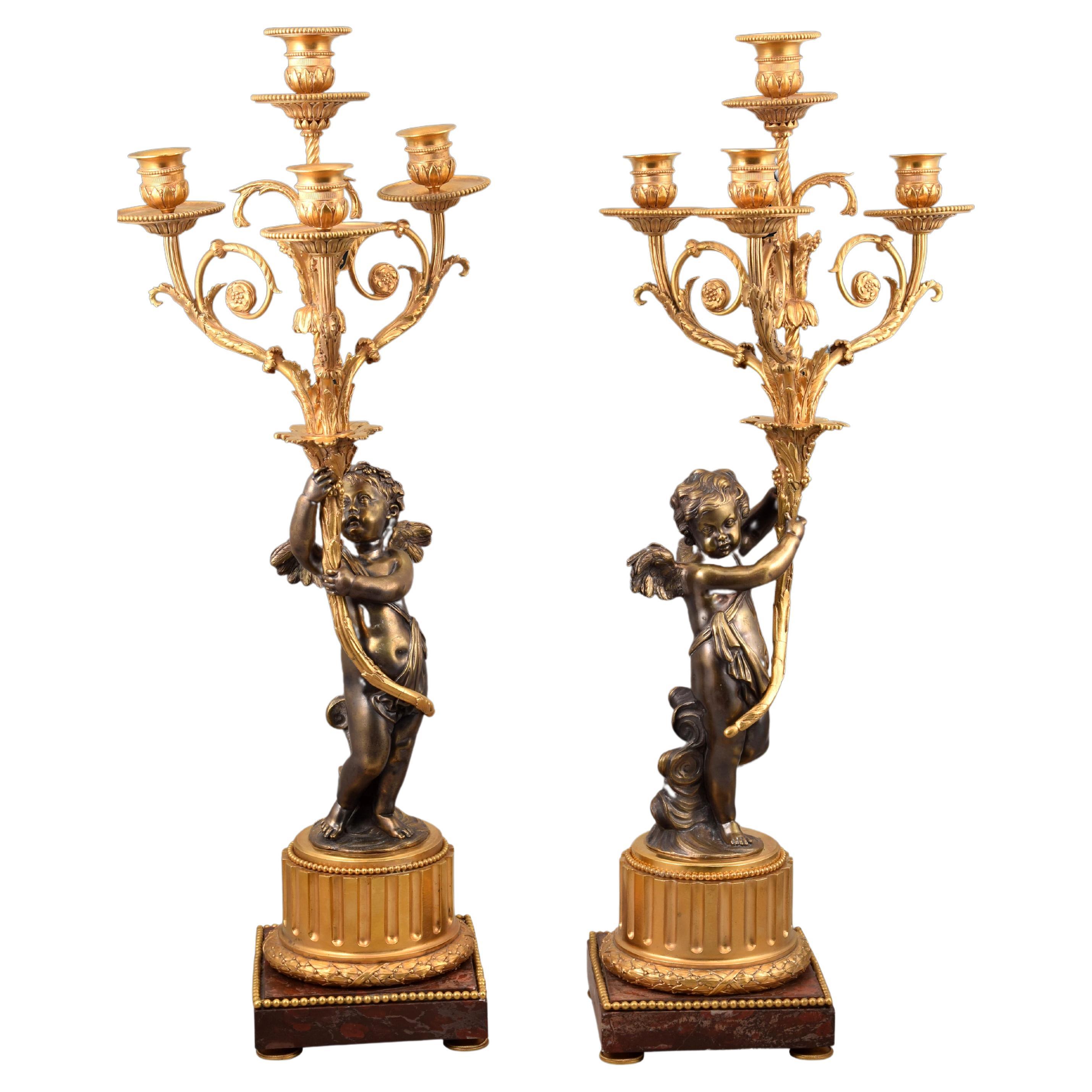 Paire de chandeliers Napoléon III, bronze, marbre, France, XIXe siècle