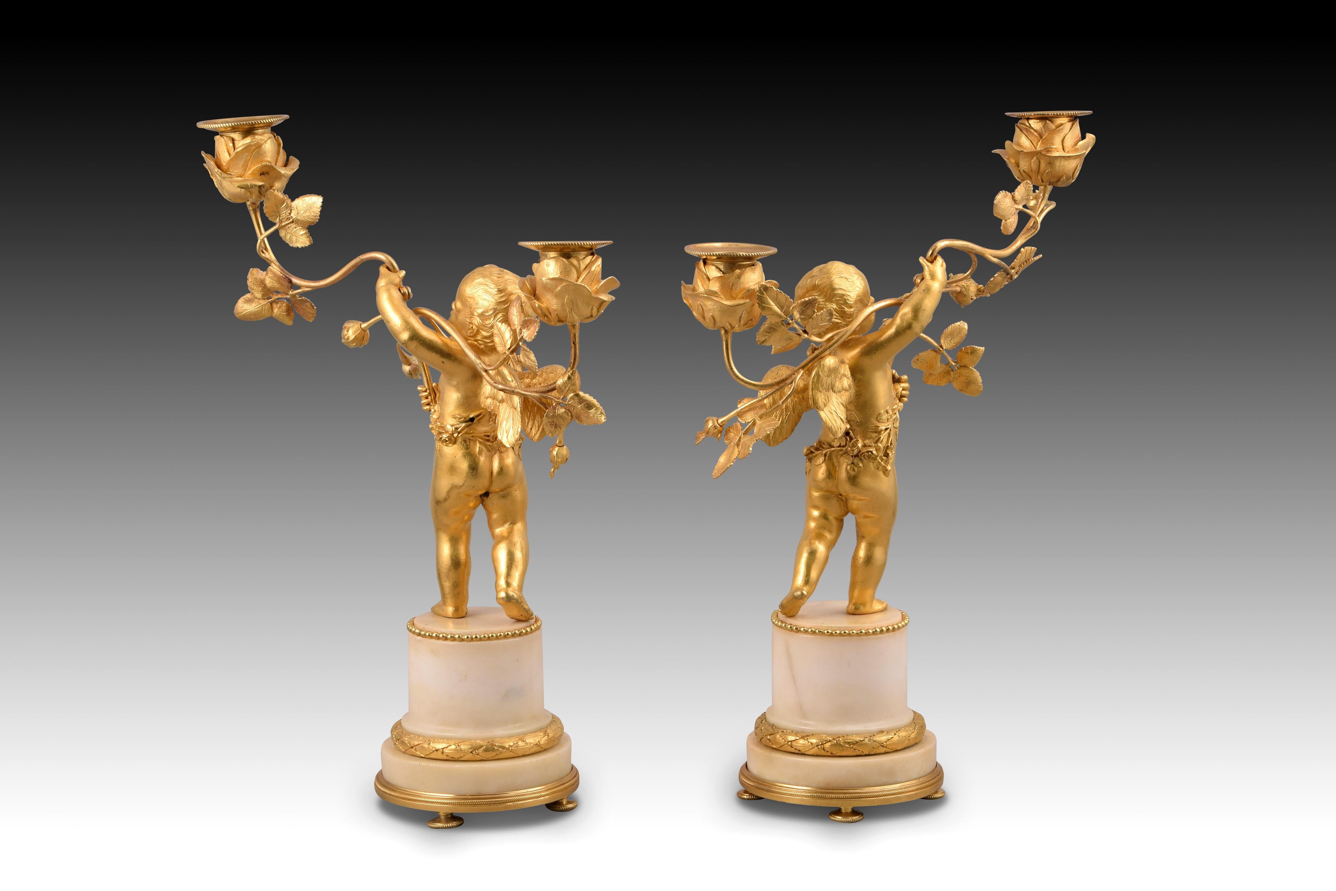 French Pair of Napoleon III Candlesticks or Candelabra, Bronze, Marble, 19th Century