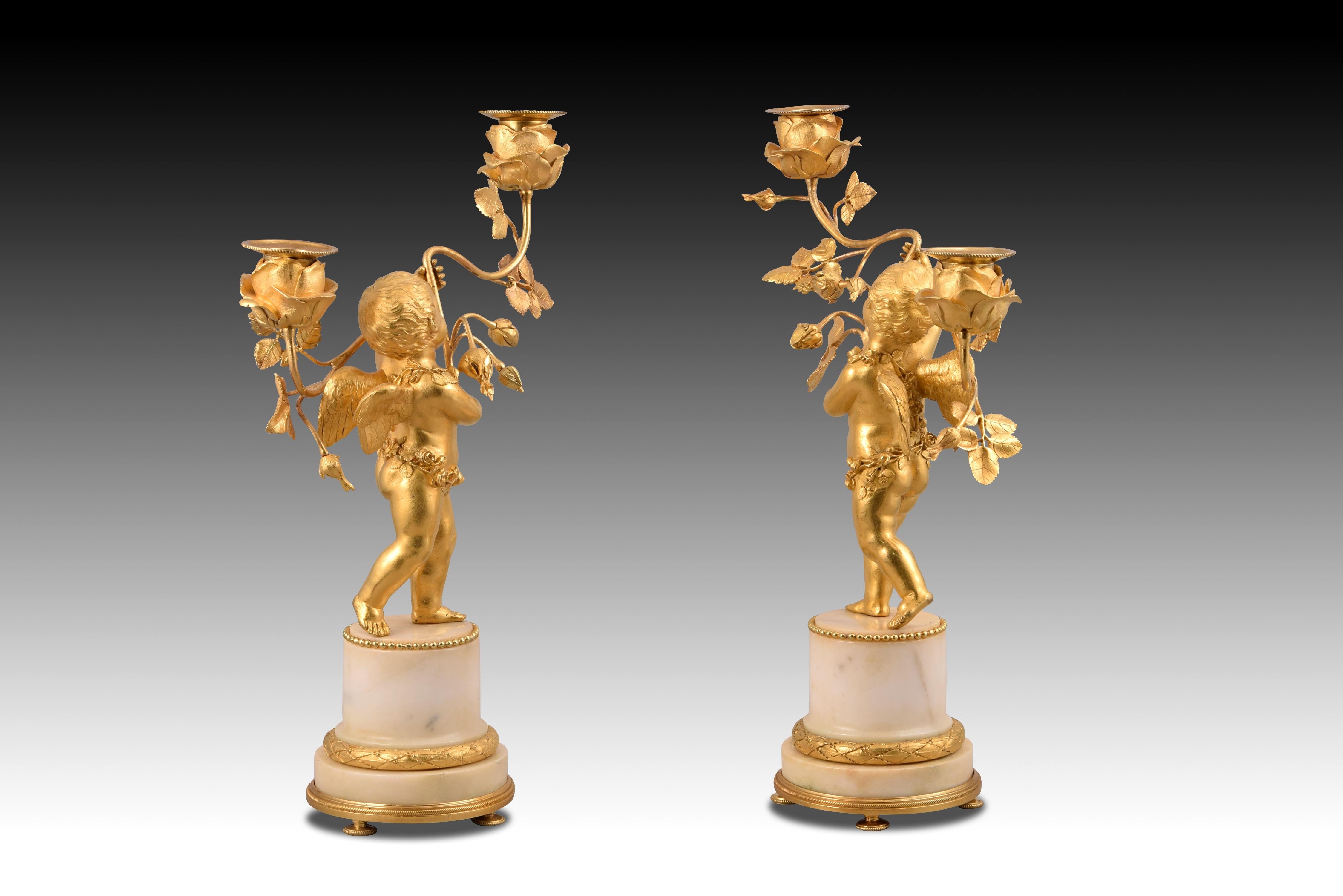Pair of Napoleon III Candlesticks or Candelabra, Bronze, Marble, 19th Century In Good Condition In Madrid, ES