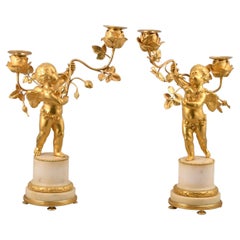 Pareja de Candeleros o Candelabros Napoleón III, Bronce, Mármol, Siglo XIX