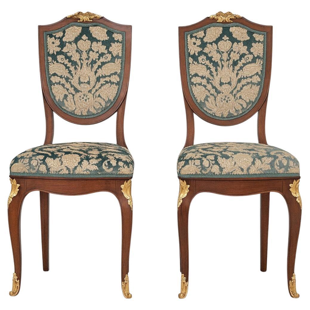 Paar Stühle Napoleon III / Aesthetic Movement - Blauer Samt & vergoldete Bronze im Angebot