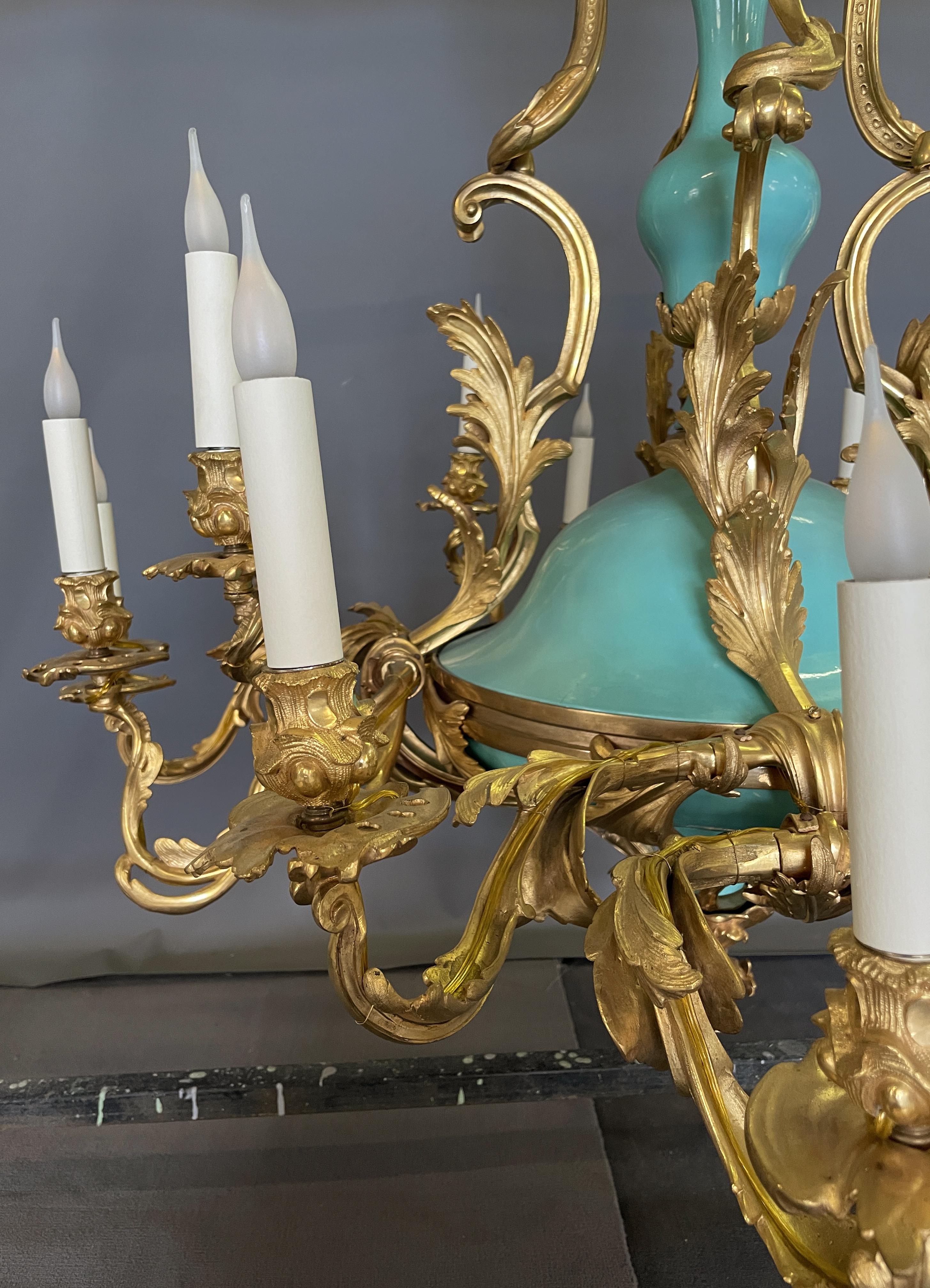 Pair of Napoleon III chandeliers in bronze and porcelain. 19th century For Sale 3