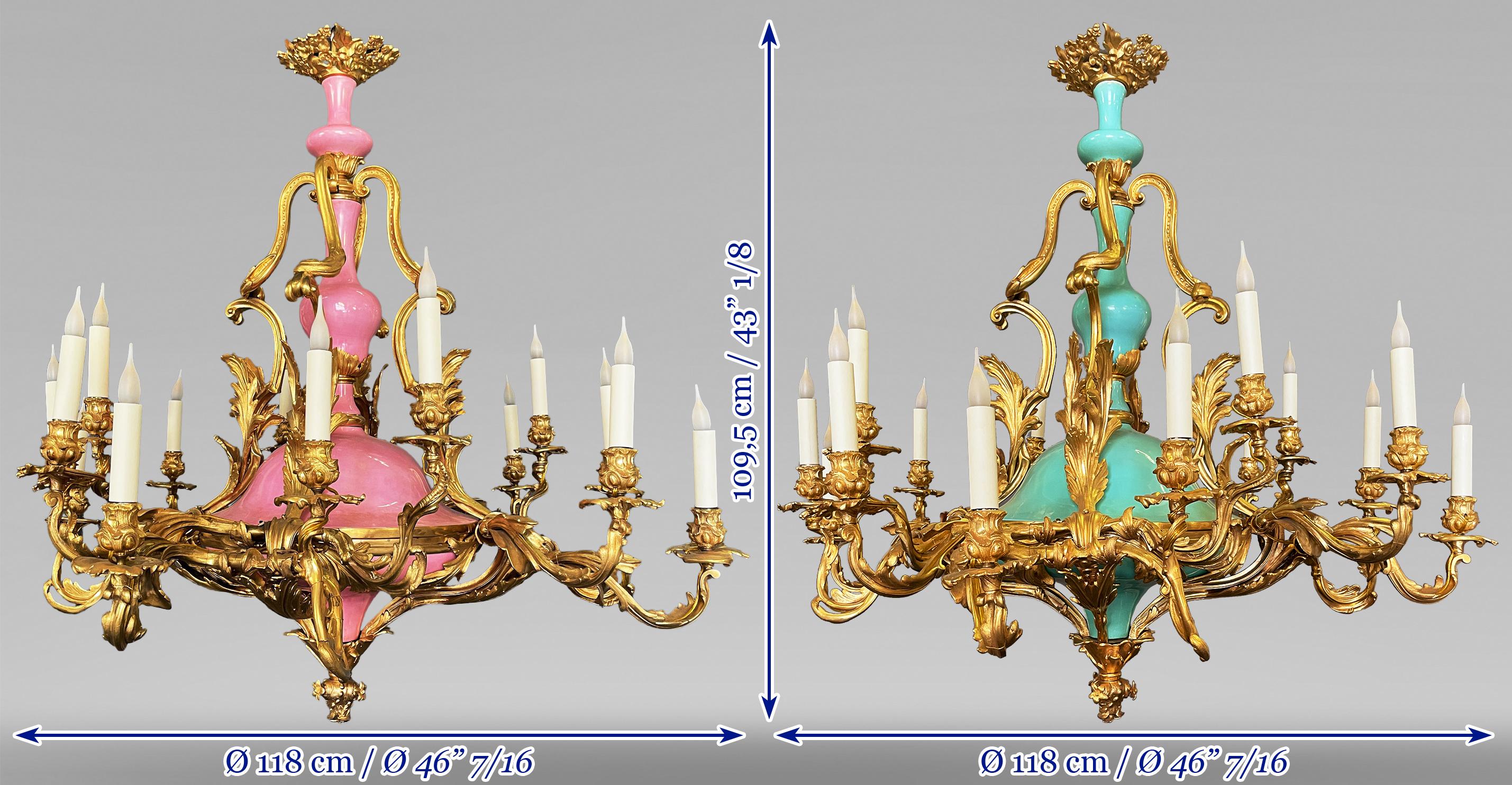 Pair of Napoleon III chandeliers in bronze and porcelain. 19th century For Sale 6