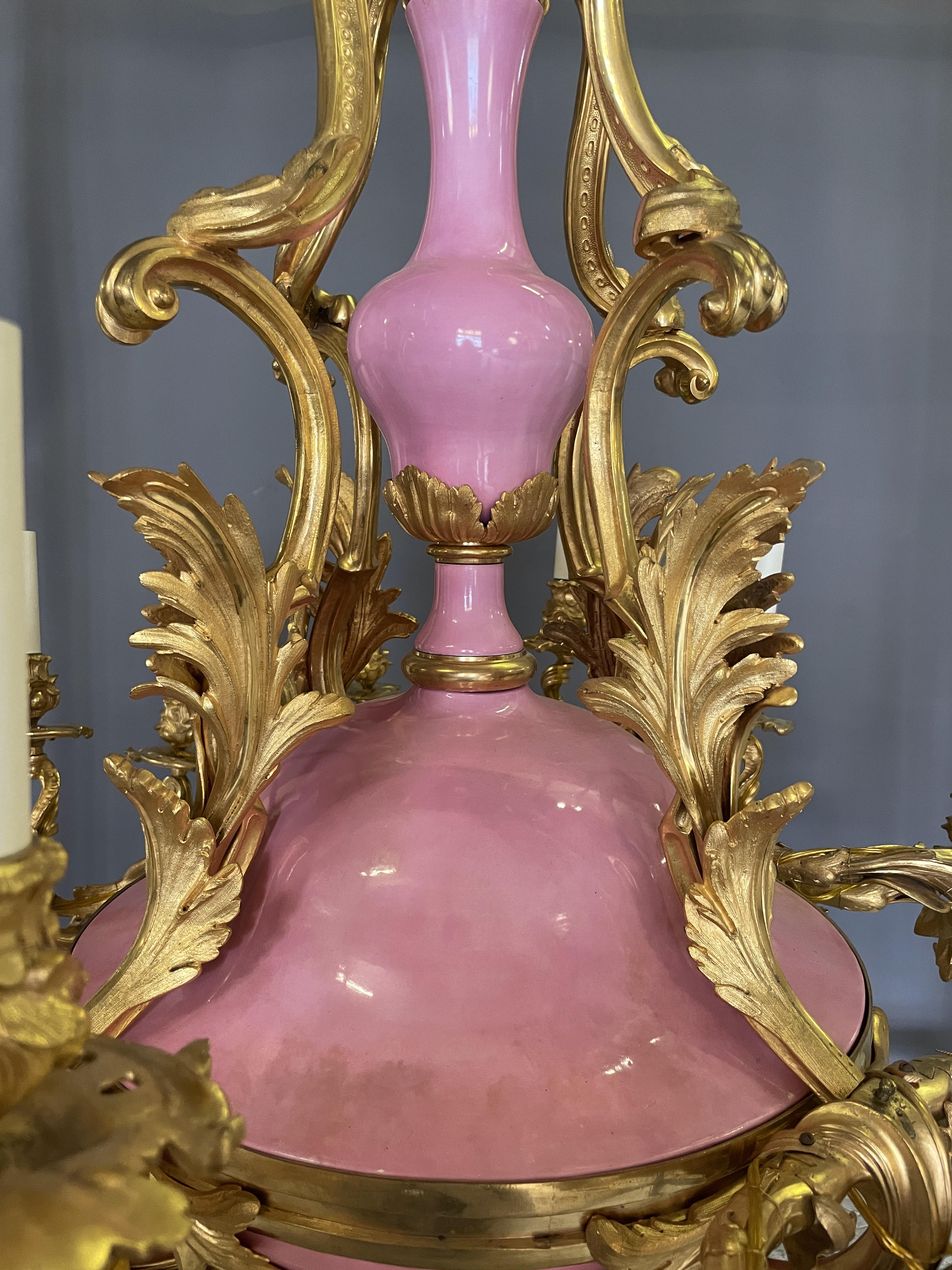Gilt Pair of Napoleon III chandeliers in bronze and porcelain. 19th century For Sale