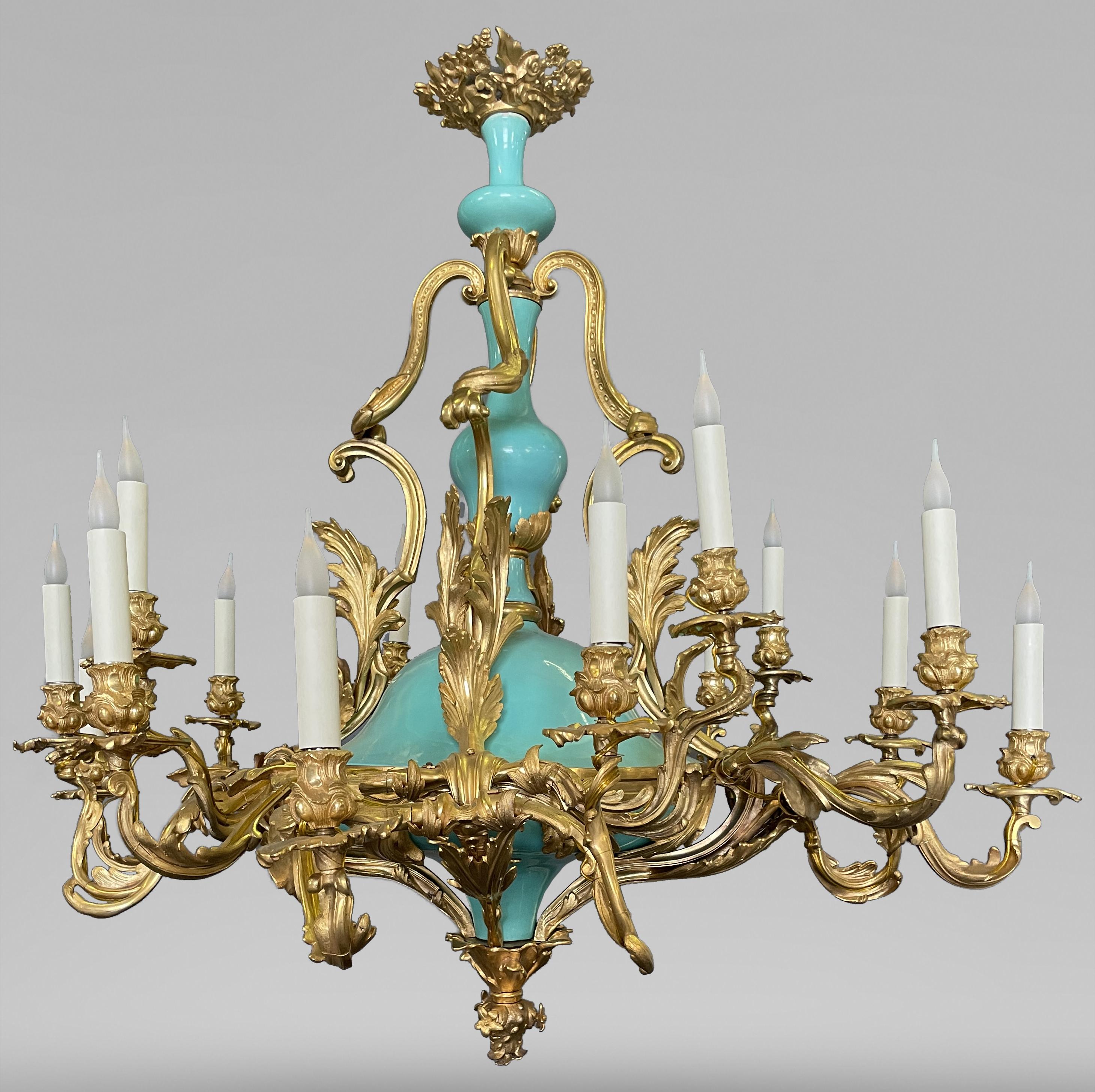 Pair of Napoleon III chandeliers in bronze and porcelain. 19th century For Sale 1
