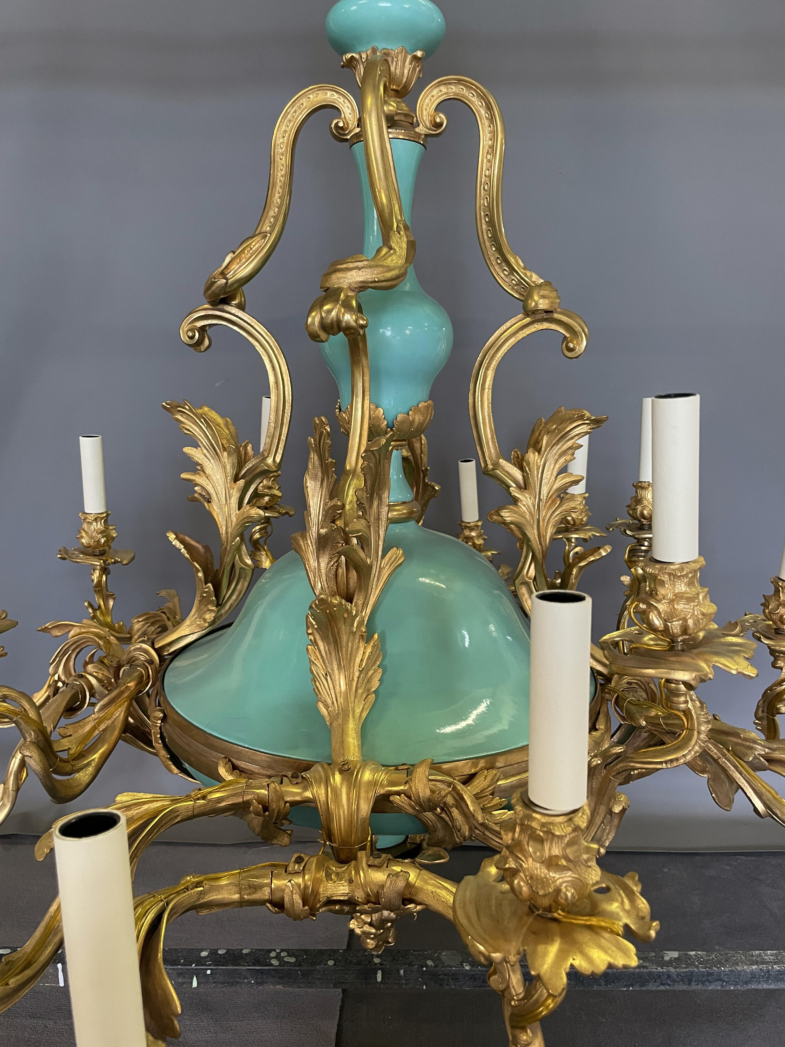 Pair of Napoleon III chandeliers in bronze and porcelain. 19th century For Sale 2
