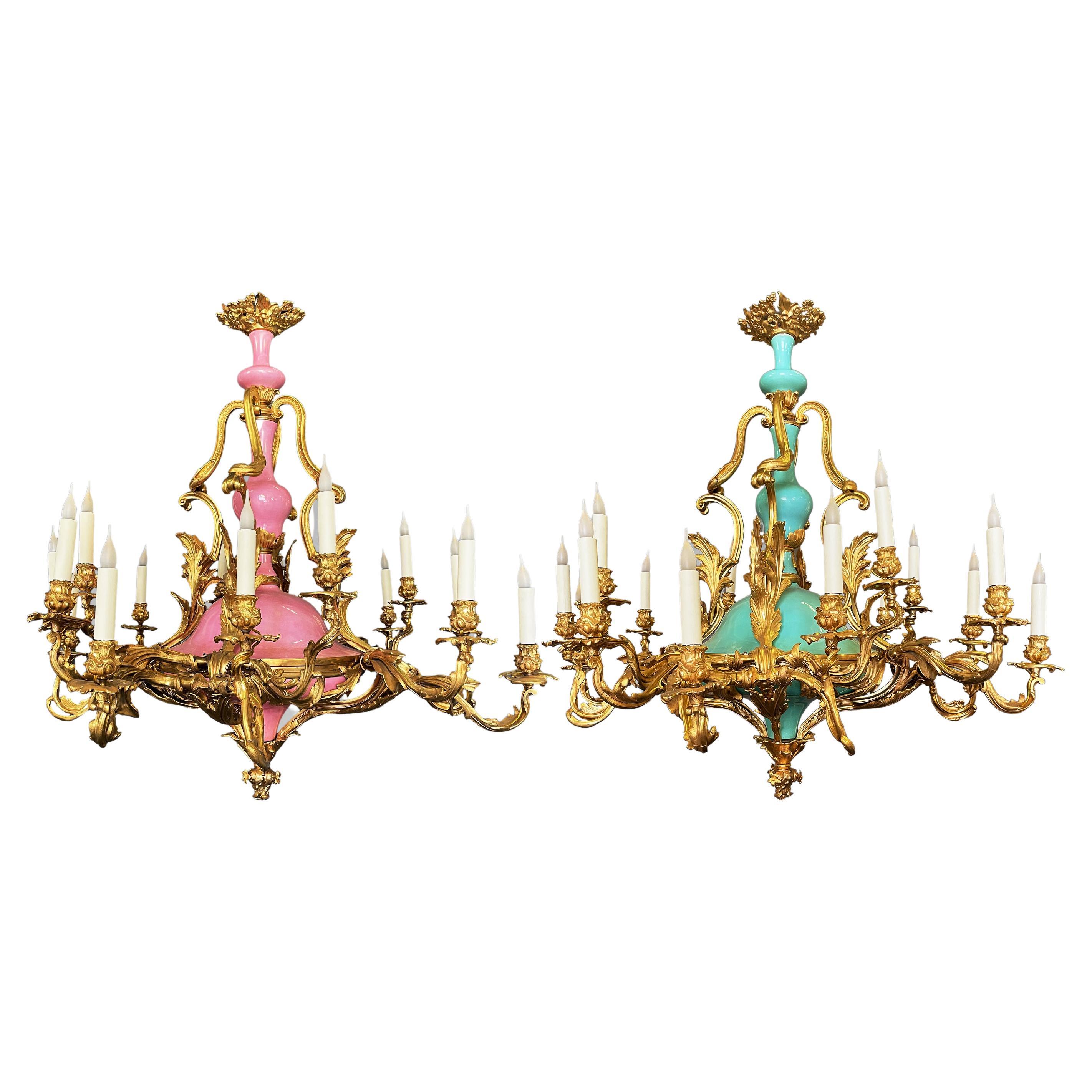 Pair of Napoleon III chandeliers in bronze and porcelain. 19th century For Sale