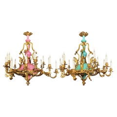 Pair of Napoleon III chandeliers in bronze and porcelain. 19th century