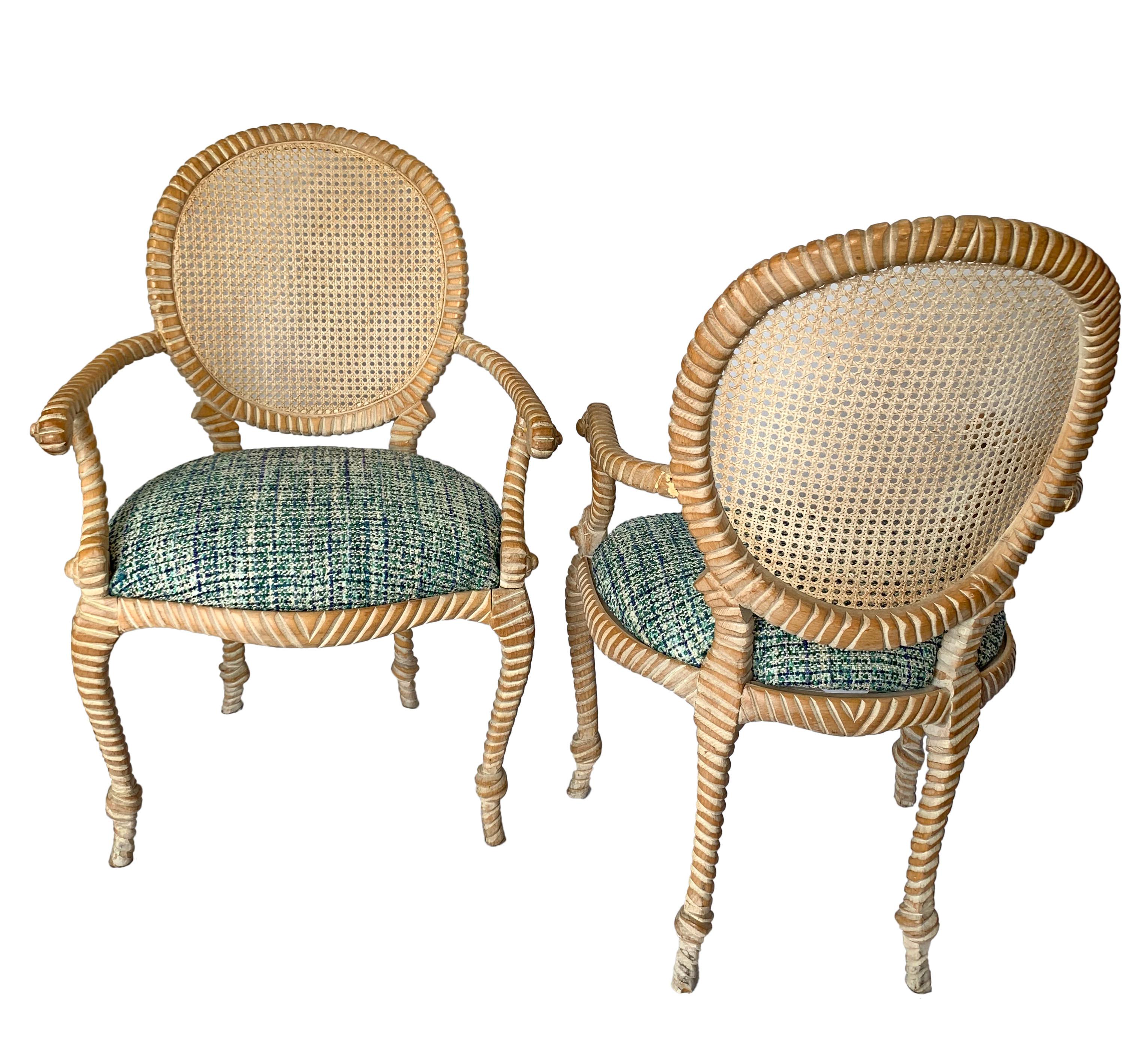 Pair of Napoleon III classic rope chairs with caned backs from 1960s. Few pieces of furniture can claim to have origins as diverse as the classic rope chair. Created by the Parisian upholsterer A.M.E. Fournier in the 1860s, his exceptionally carved