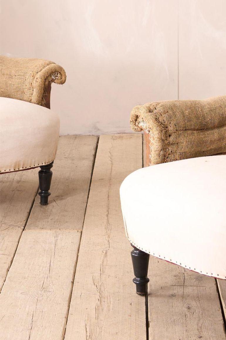 These are a neat pair of 19th century Napoleon III curved back armchairs. Standing on turned legs and an elegant shape. Great smaller than average size while still maintaining comfort.

Measurements Height 87cm Width 83cm Depth 88cm Depth of seat