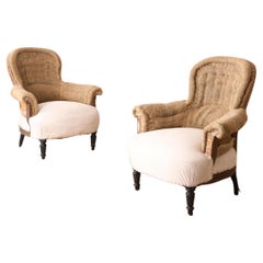 Antique Pair of Napoleon III curved hessian back armchairs