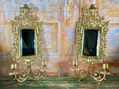 Pair of Napoleon III Double Wall Sconces with Beveled Mirrors in Gilded Bronze