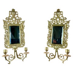 Pair of Napoleon III Double Wall Sconces with Beveled Mirrors in Gilded Bronze