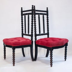 Pair of Napoleon III Ebonized Bobbin-Turned Chairs with Red Velvet Upholstery