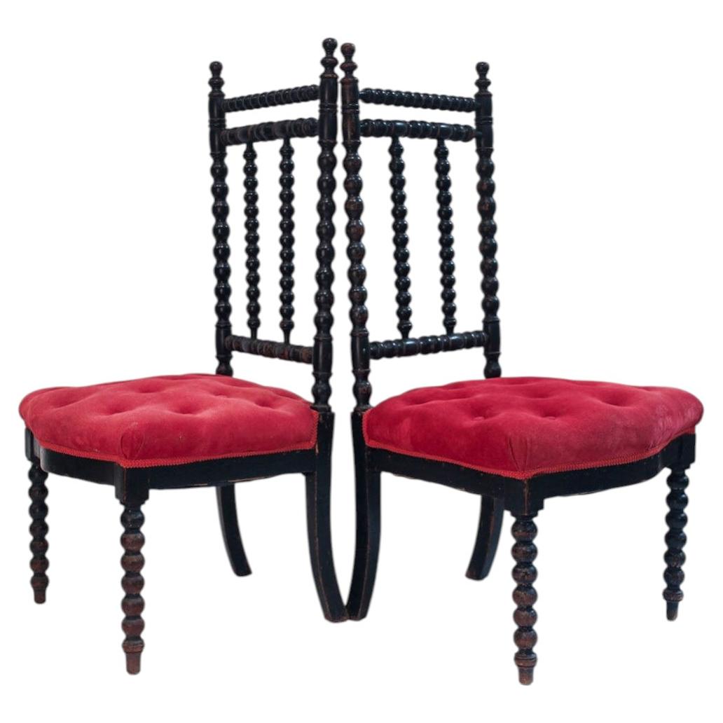 Pair of Napoleon III Ebonized Bobbin-Turned Chairs with Red Velvet Upholstery For Sale