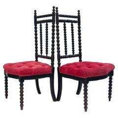 Pair of Napoleon III Ebonized Bobbin-Turned Chairs with Red Velvet Upholstery