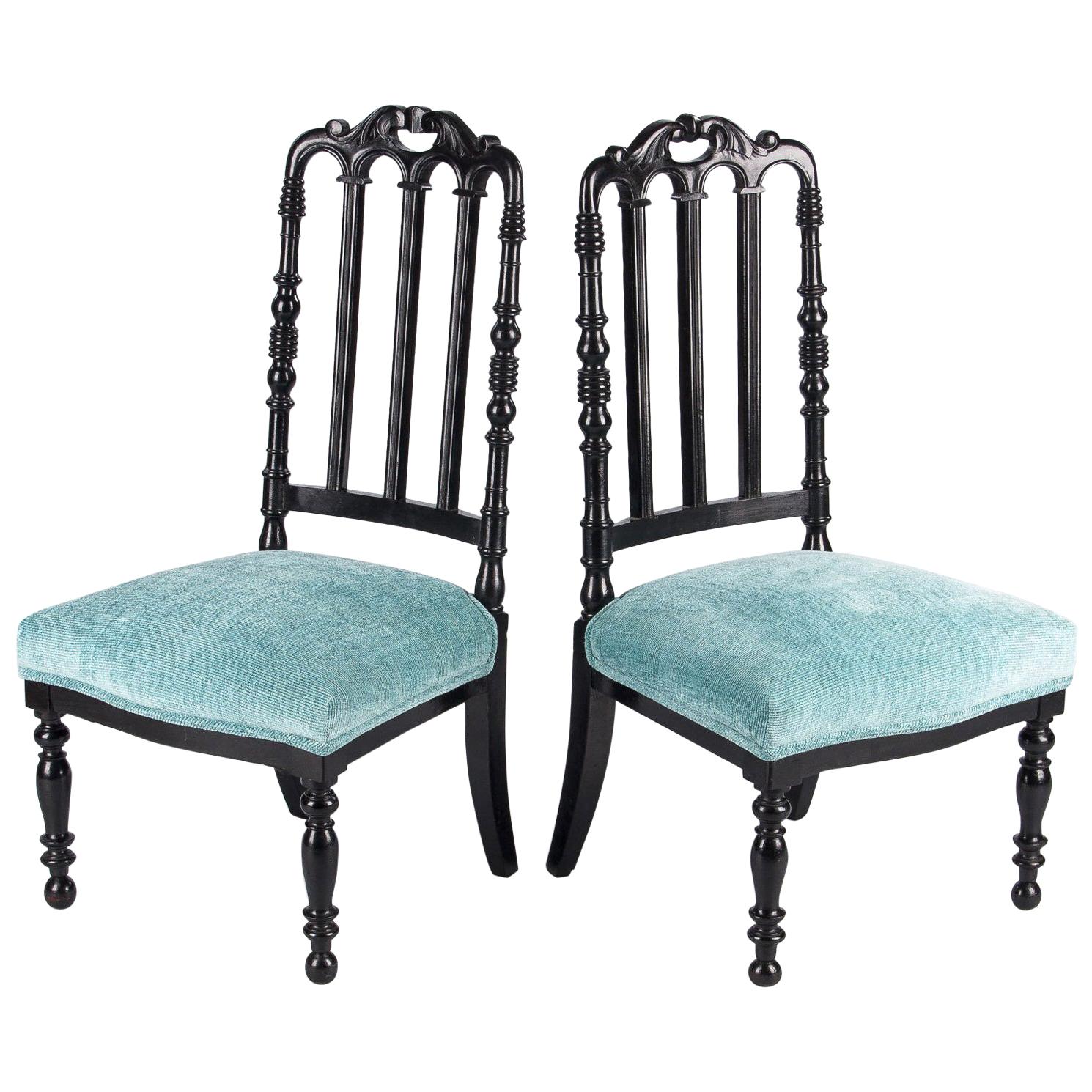 Pair of Napoleon III Ebonized Pear Wood "Chauffeuses" Low Chairs, 1870s