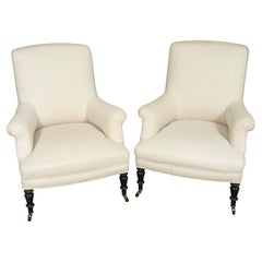 Pair Of Napoleon III Ebonized Upholstered Armchairs Pair Of Napoleon III Ebonized Upholstered Armchairs
