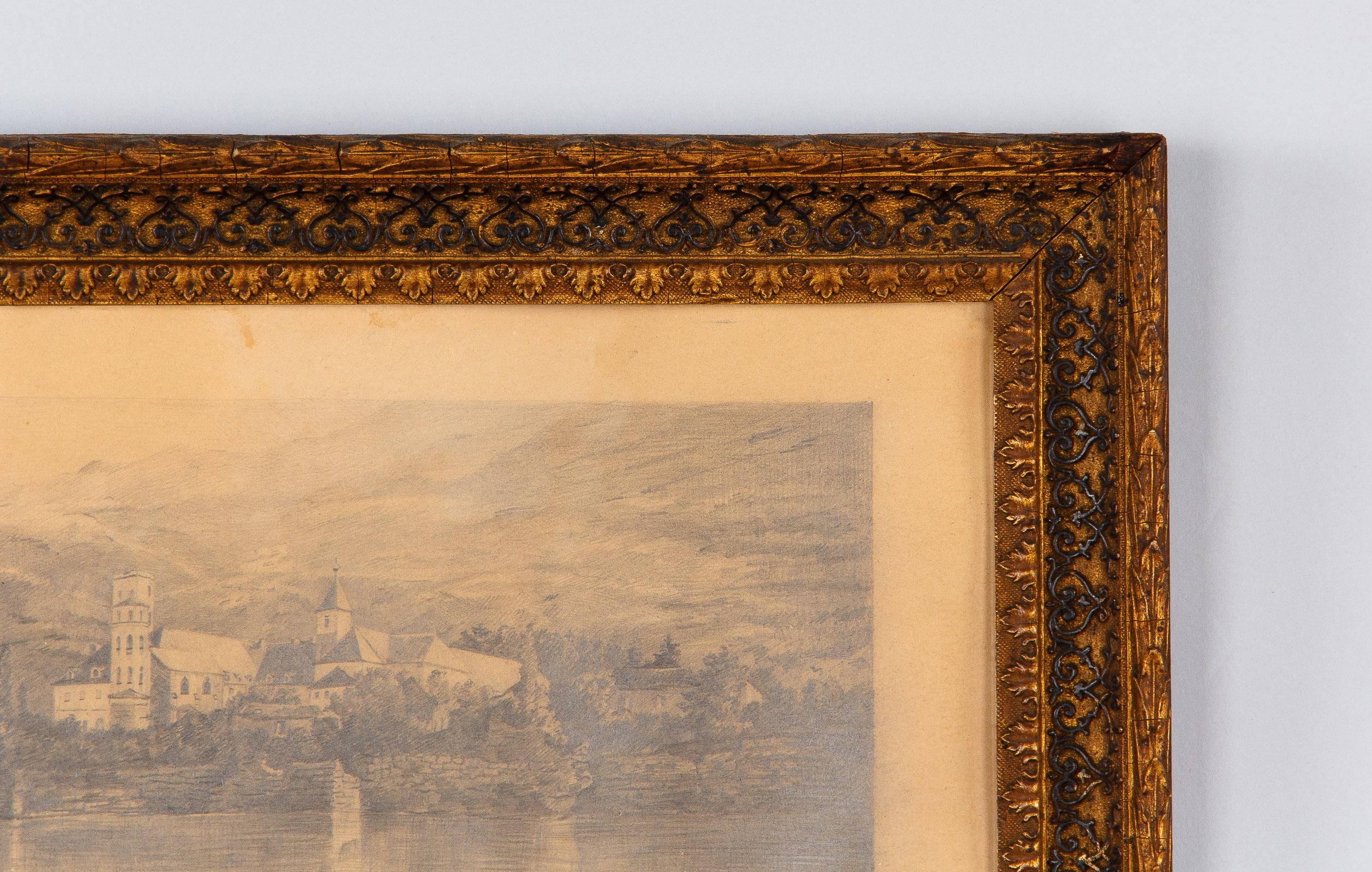 Pair of Napoleon III Framed Landscape Drawings, France, 1870s For Sale 8