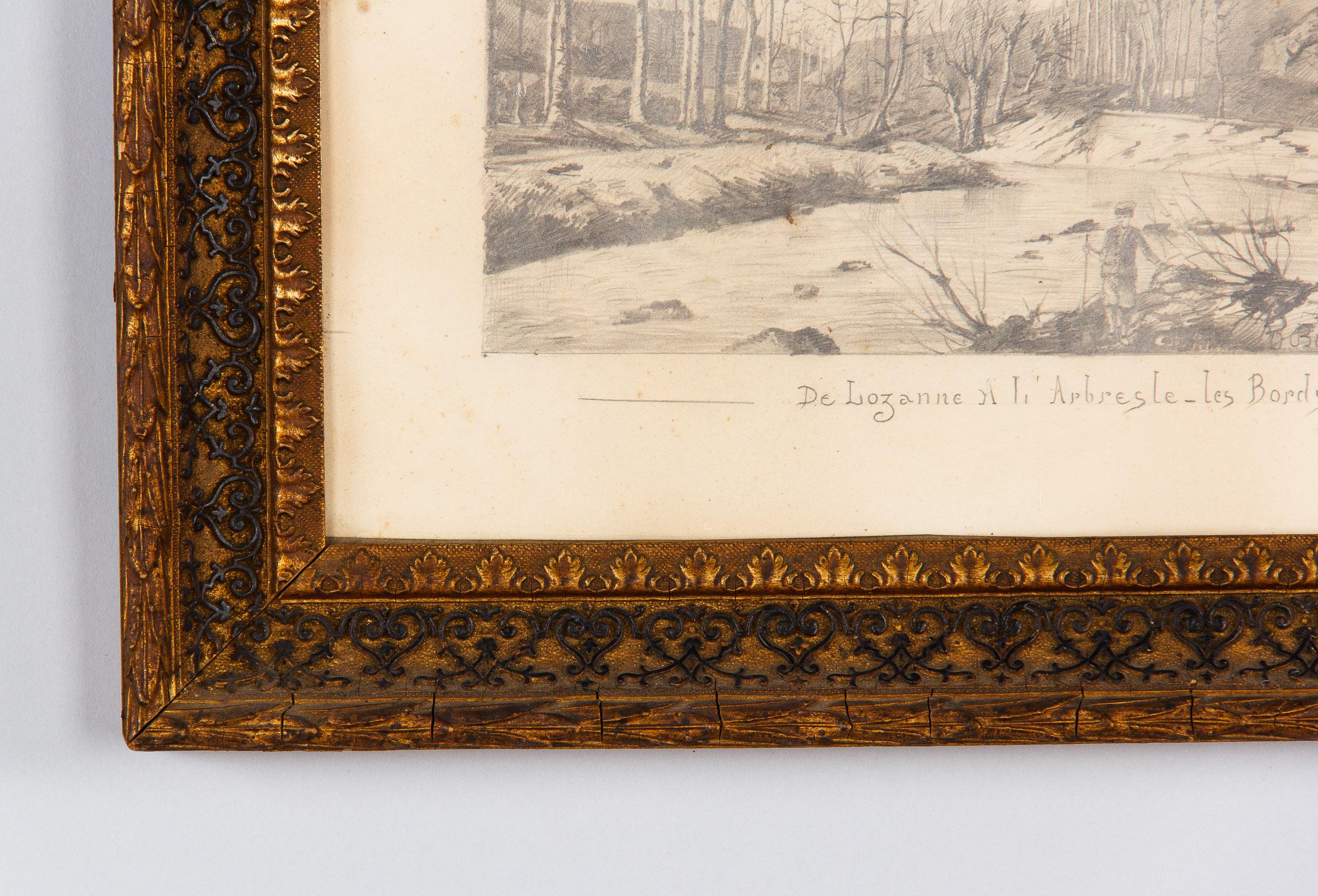 Pair of Napoleon III Framed Landscape Drawings, France, 1870s For Sale 13