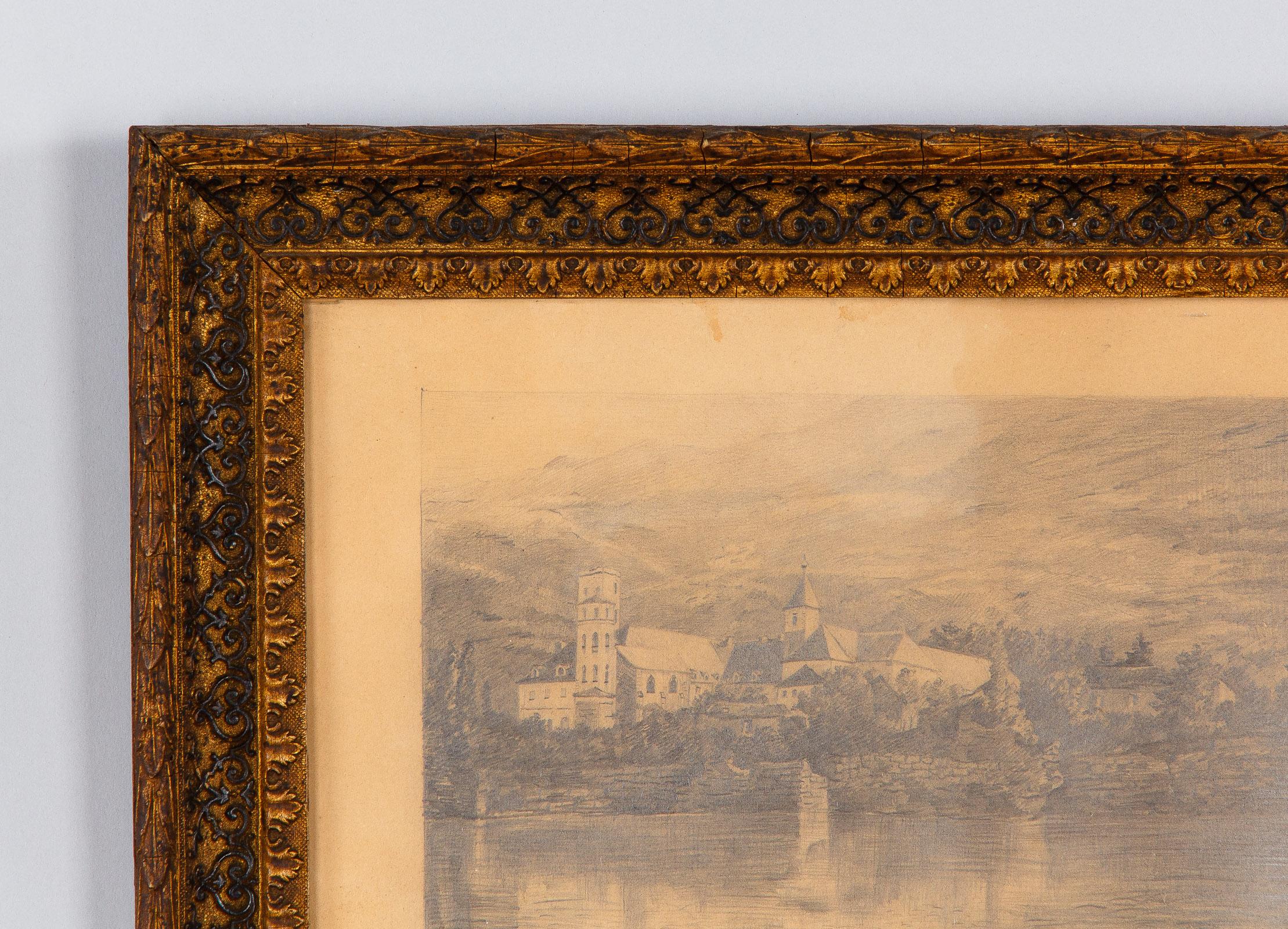 Pair of Napoleon III Framed Landscape Drawings, France, 1870s In Good Condition For Sale In Austin, TX