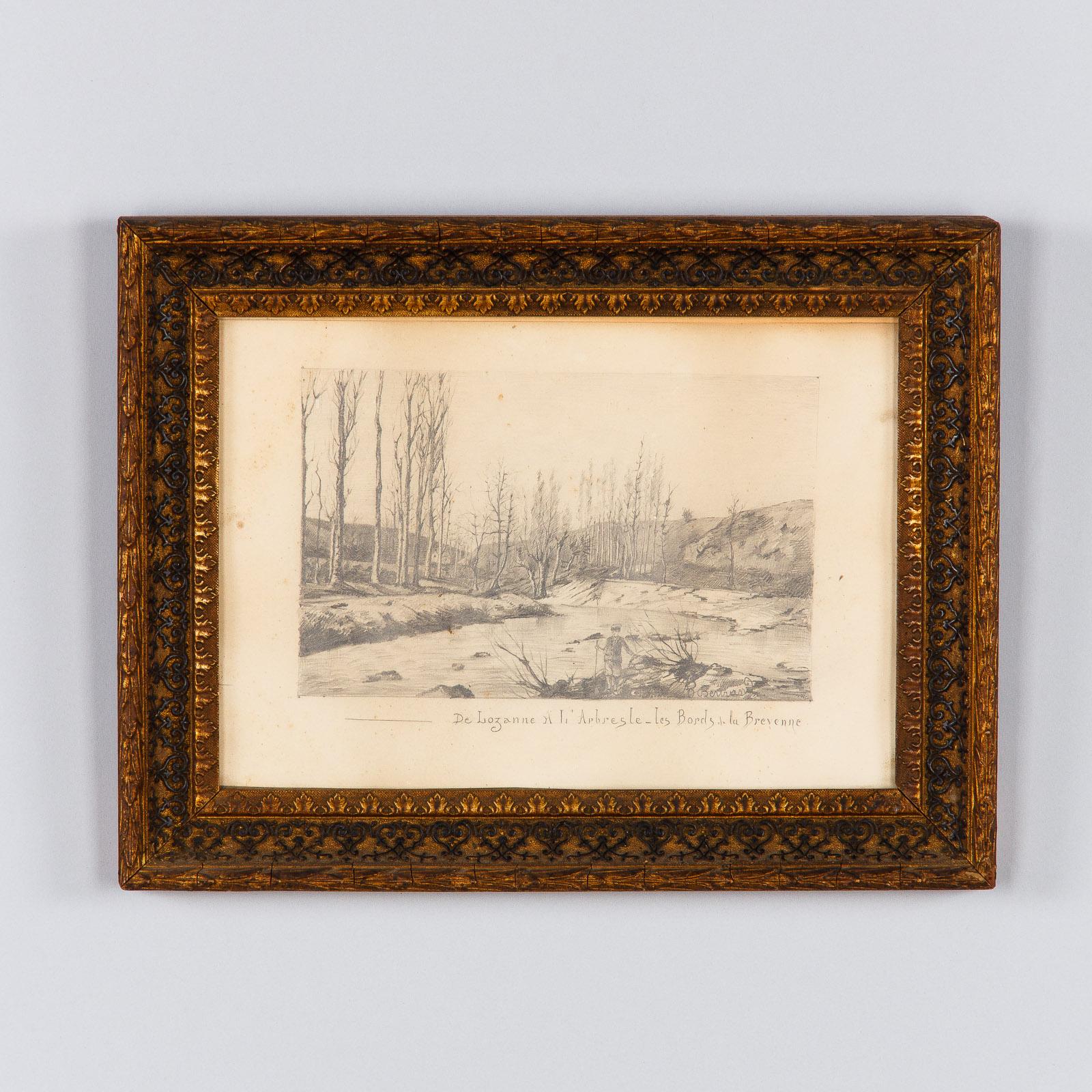 Pair of Napoleon III Framed Landscape Drawings, France, 1870s For Sale 1
