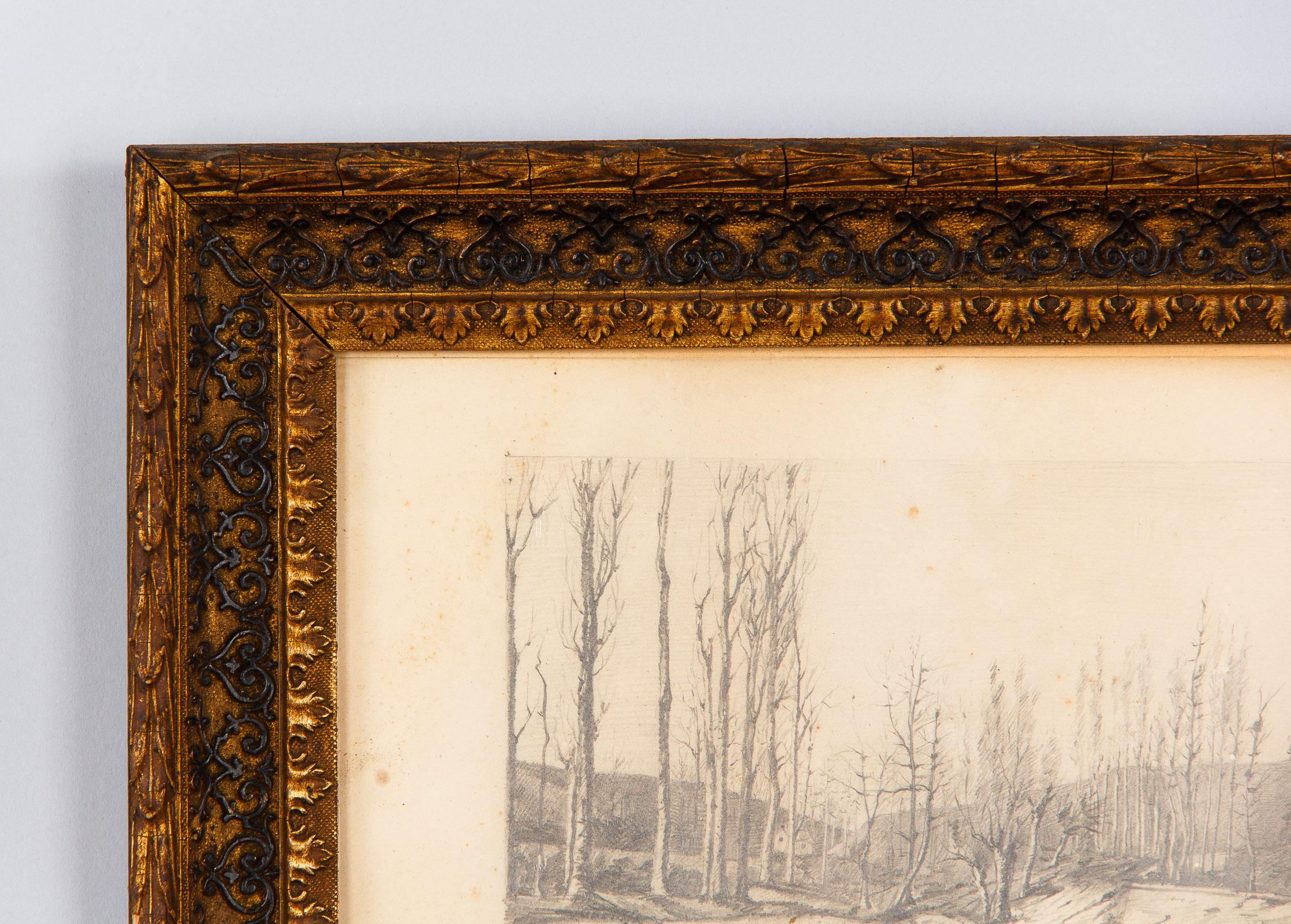 Pair of Napoleon III Framed Landscape Drawings, France, 1870s For Sale 2