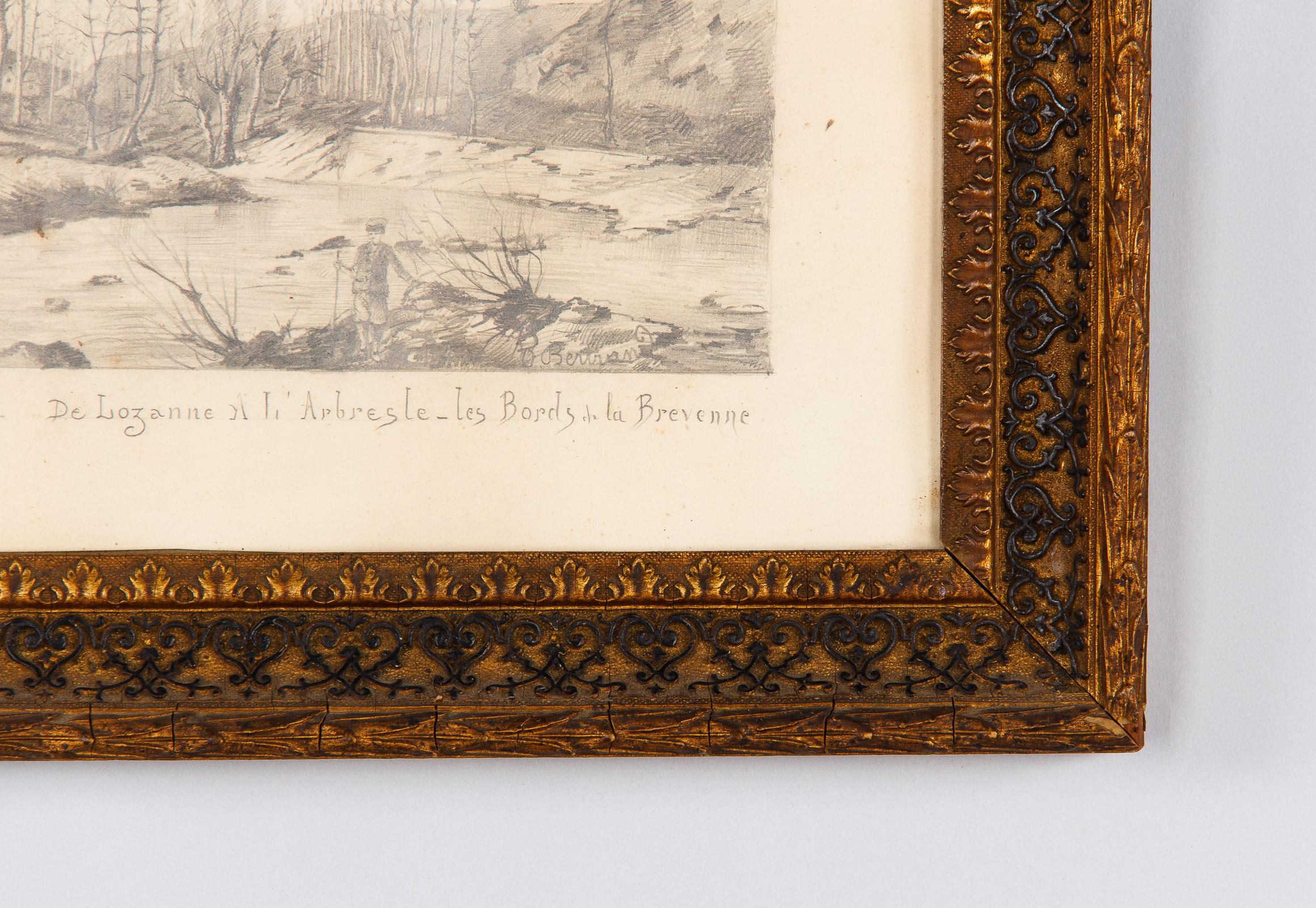 Pair of Napoleon III Framed Landscape Drawings, France, 1870s For Sale 3