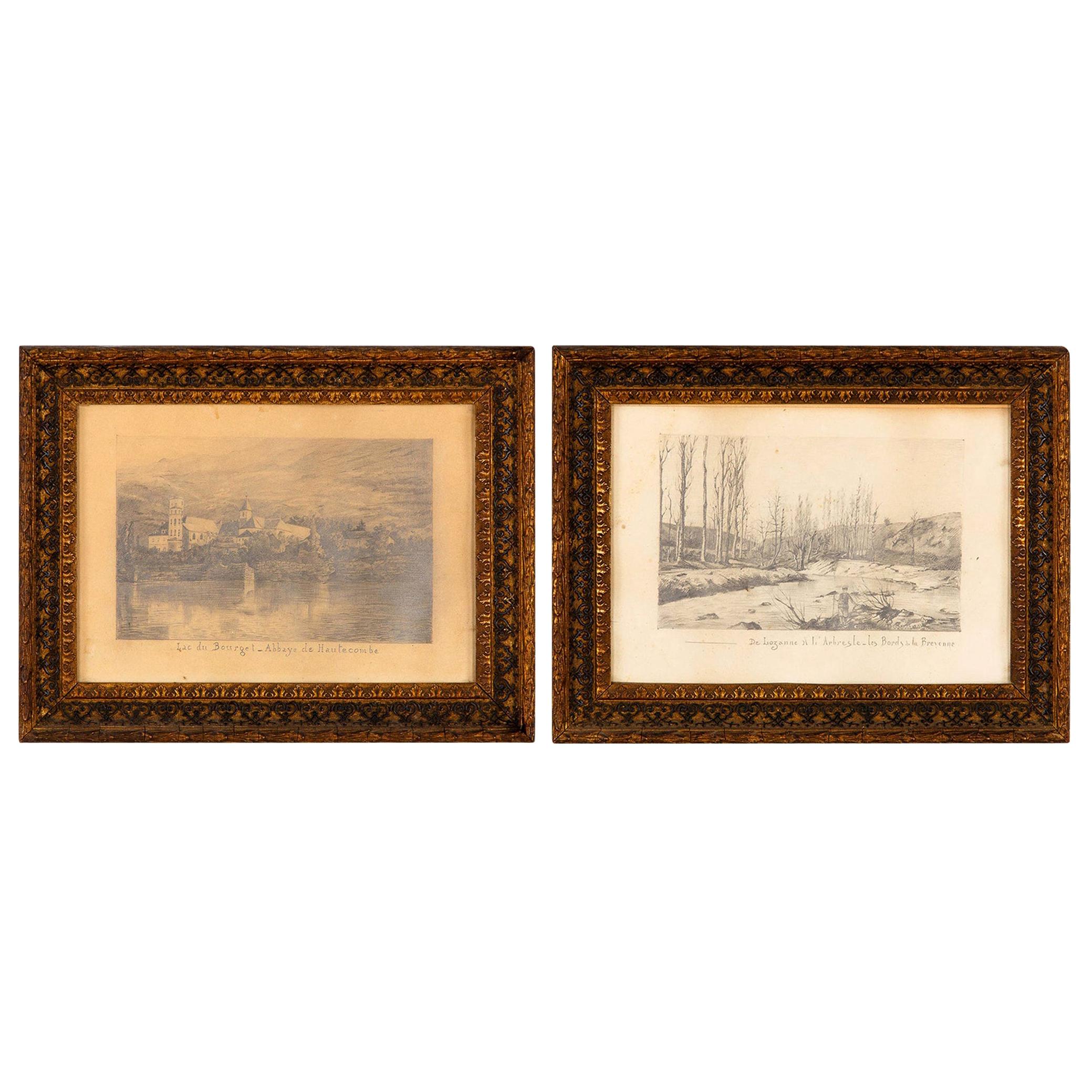 Pair of Napoleon III Framed Landscape Drawings, France, 1870s For Sale