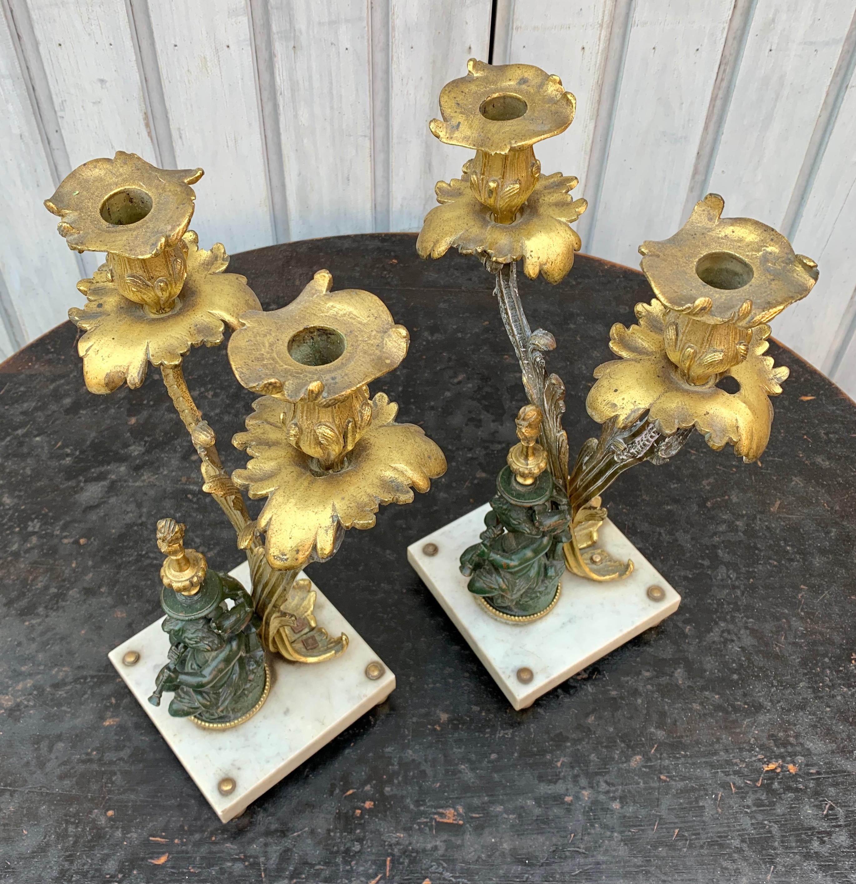 Pair of Napoleon III French Bronze Candelabra on Marble Base 10