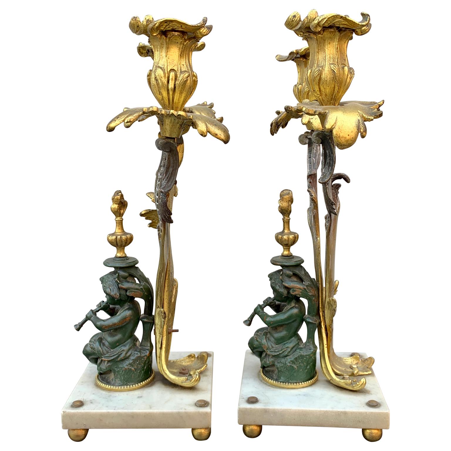 Cast Pair of Napoleon III French Bronze Candelabra on Marble Base