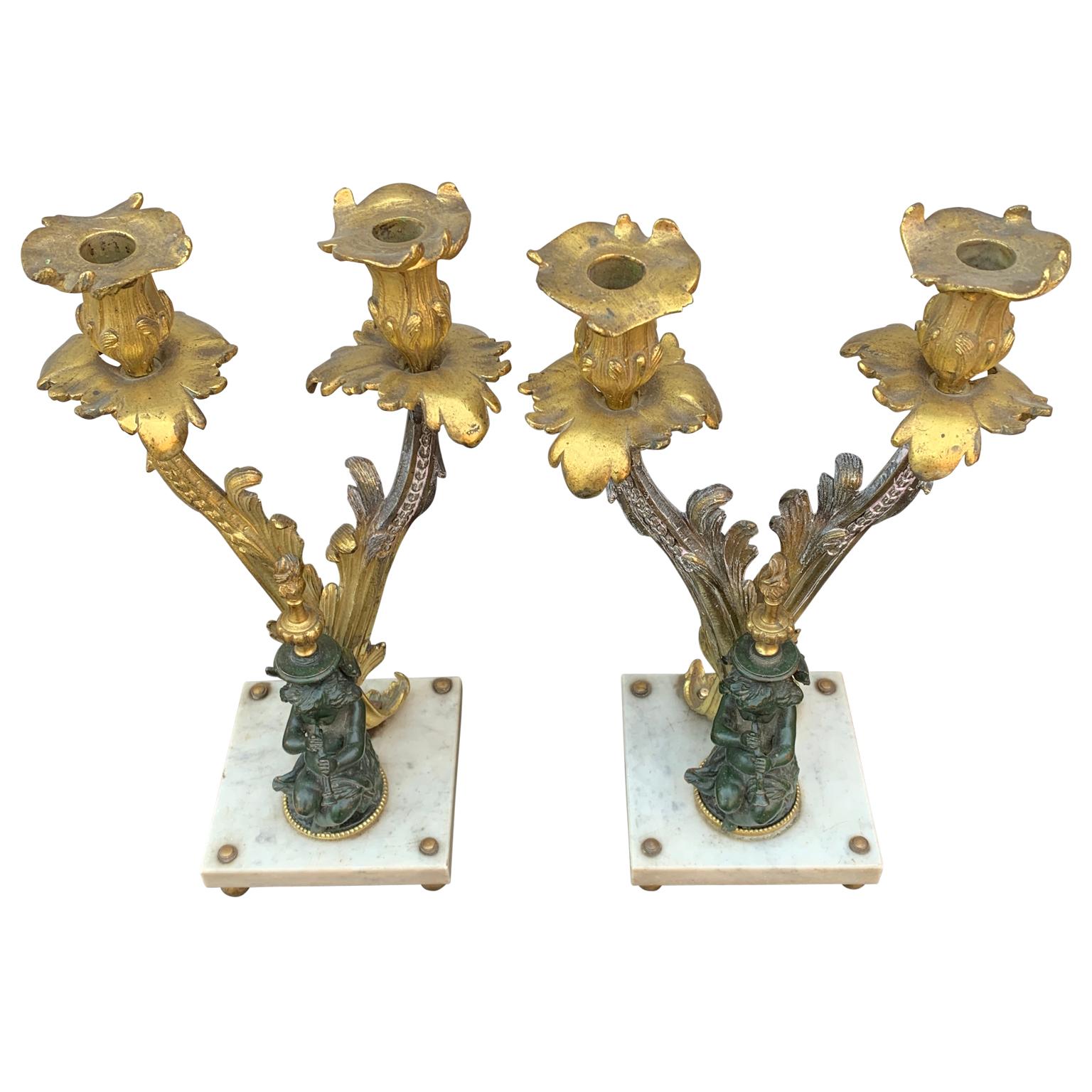 Pair of Napoleon III French Bronze Candelabra on Marble Base In Fair Condition In Haddonfield, NJ
