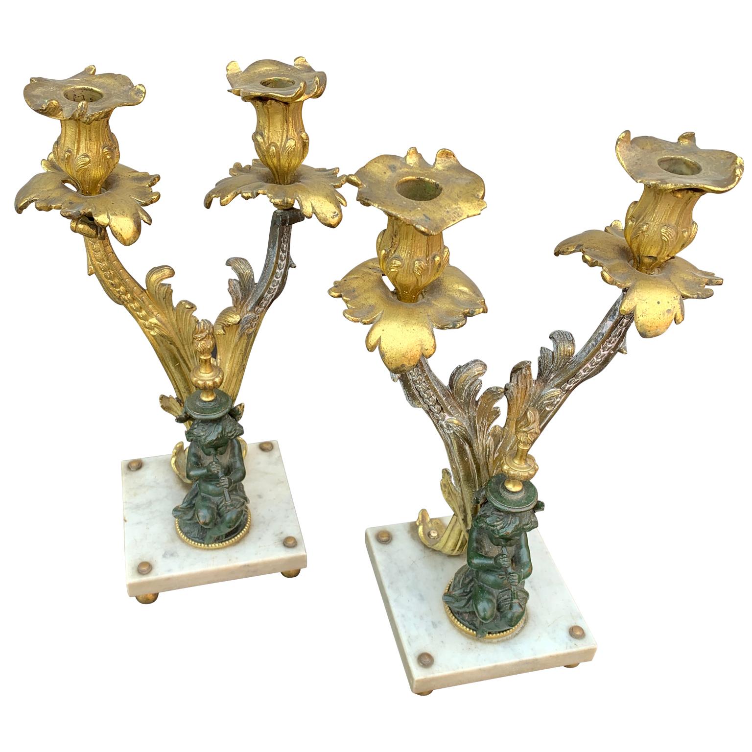 Mid-19th Century Pair of Napoleon III French Bronze Candelabra on Marble Base