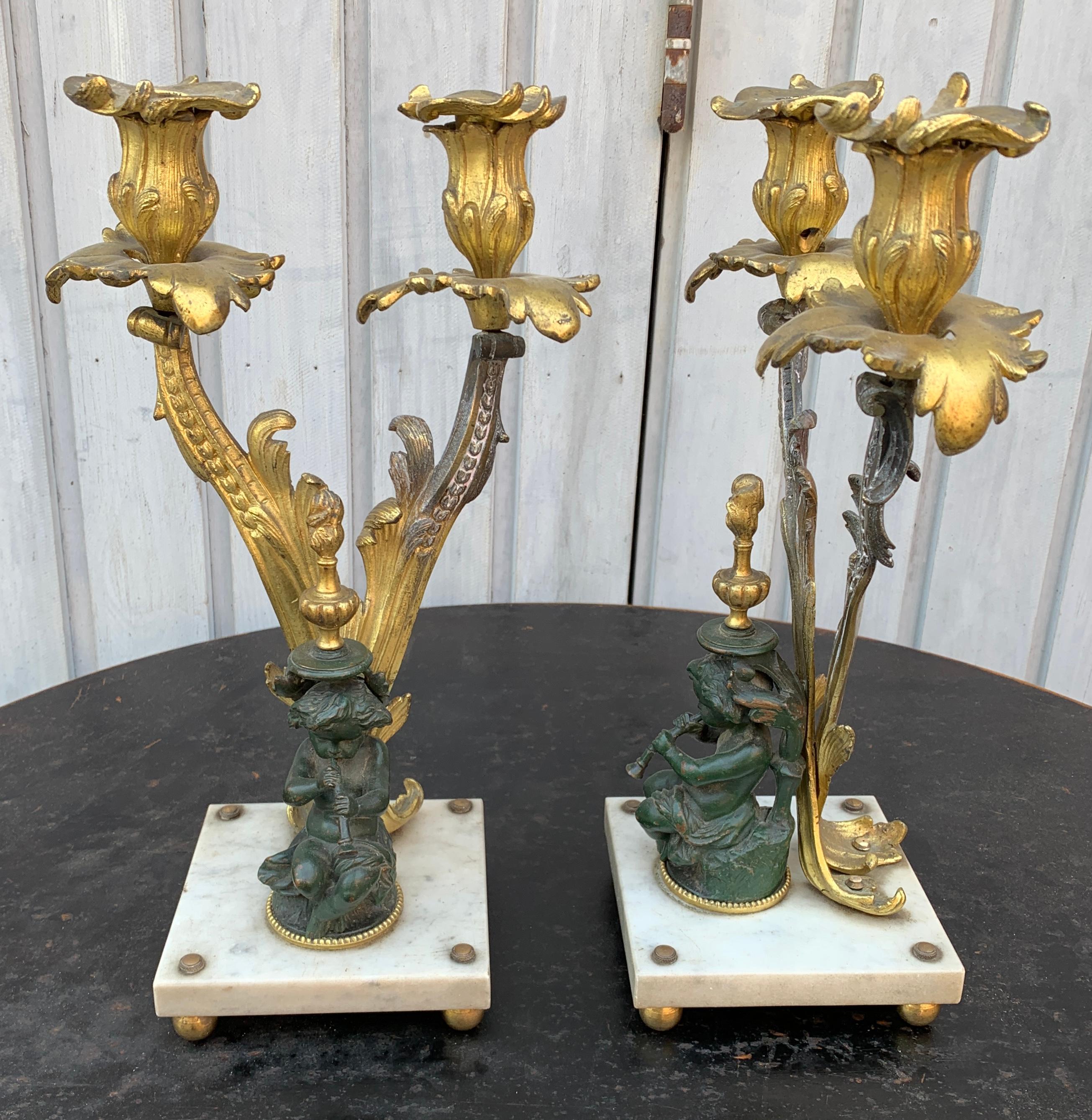 Carrara Marble Pair of Napoleon III French Bronze Candelabra on Marble Base