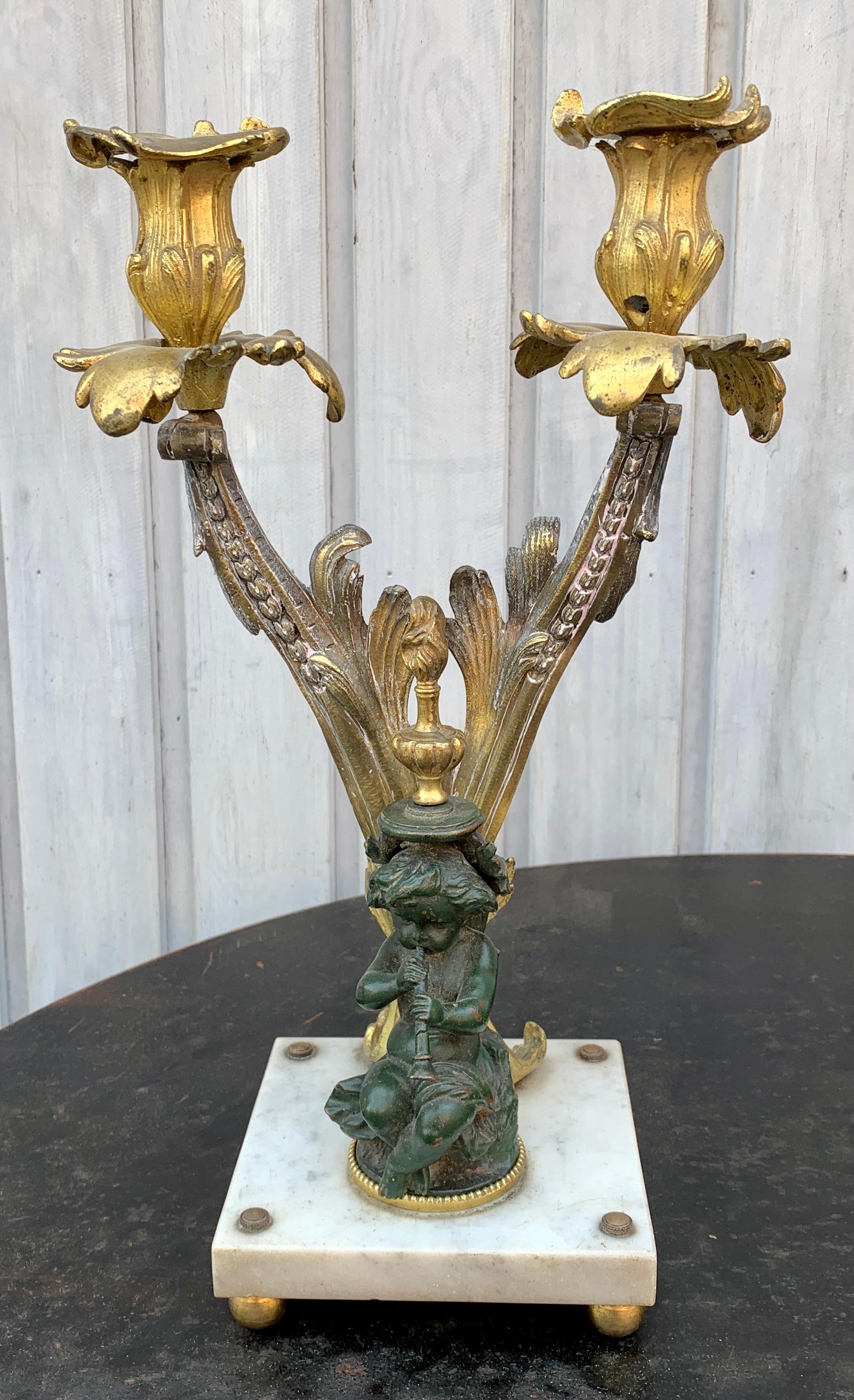 Pair of Napoleon III French Bronze Candelabra on Marble Base 2