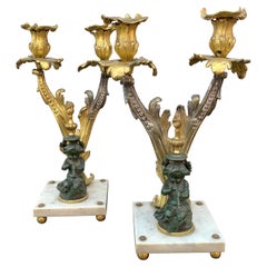 Pair of Napoleon III French Bronze Candelabra on Marble Base