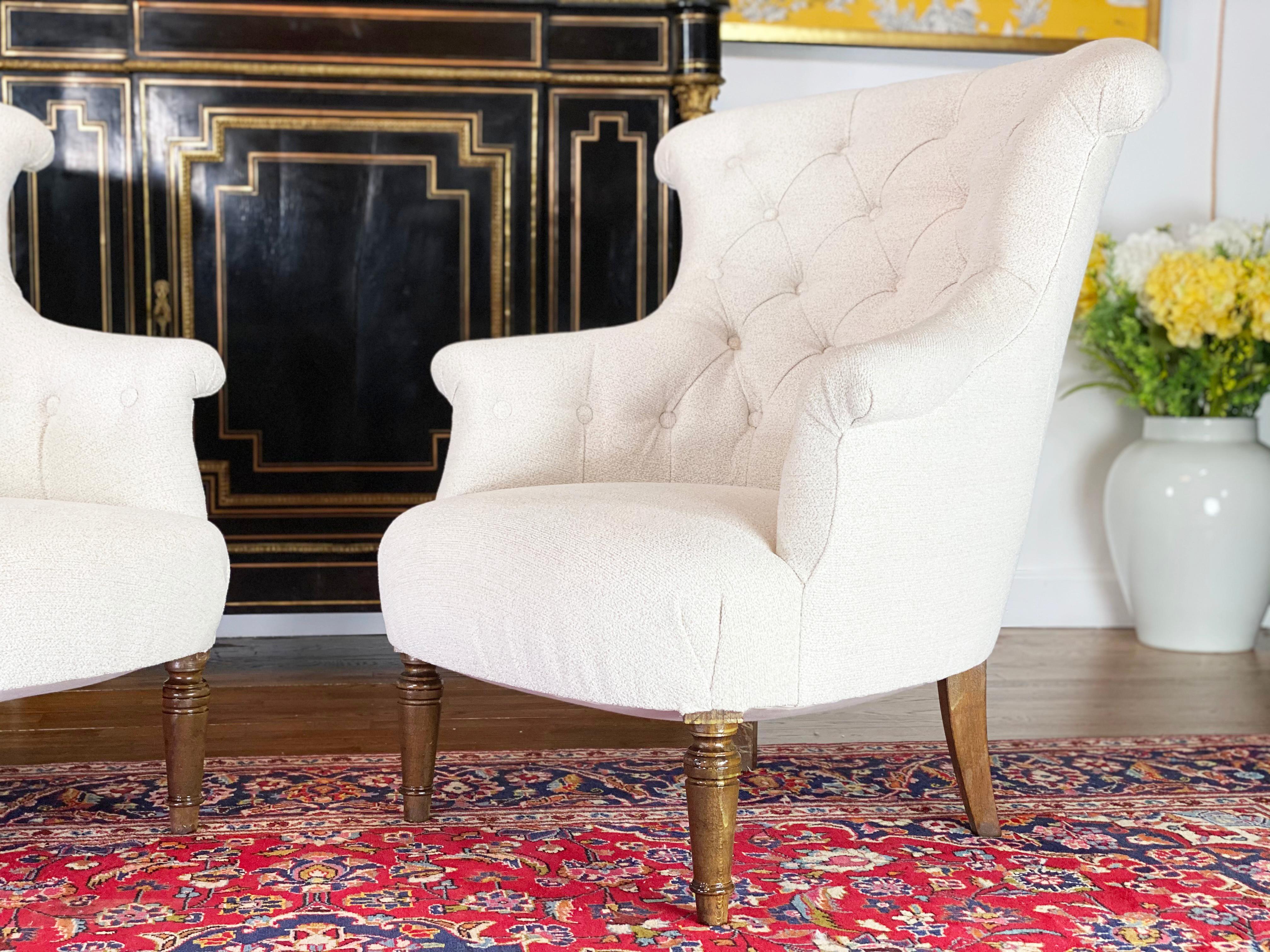 Pair of Napoleon III French Tufted Crapaud armchairs. Walnut frame fully restored, newly upholstered in bouclé.
  