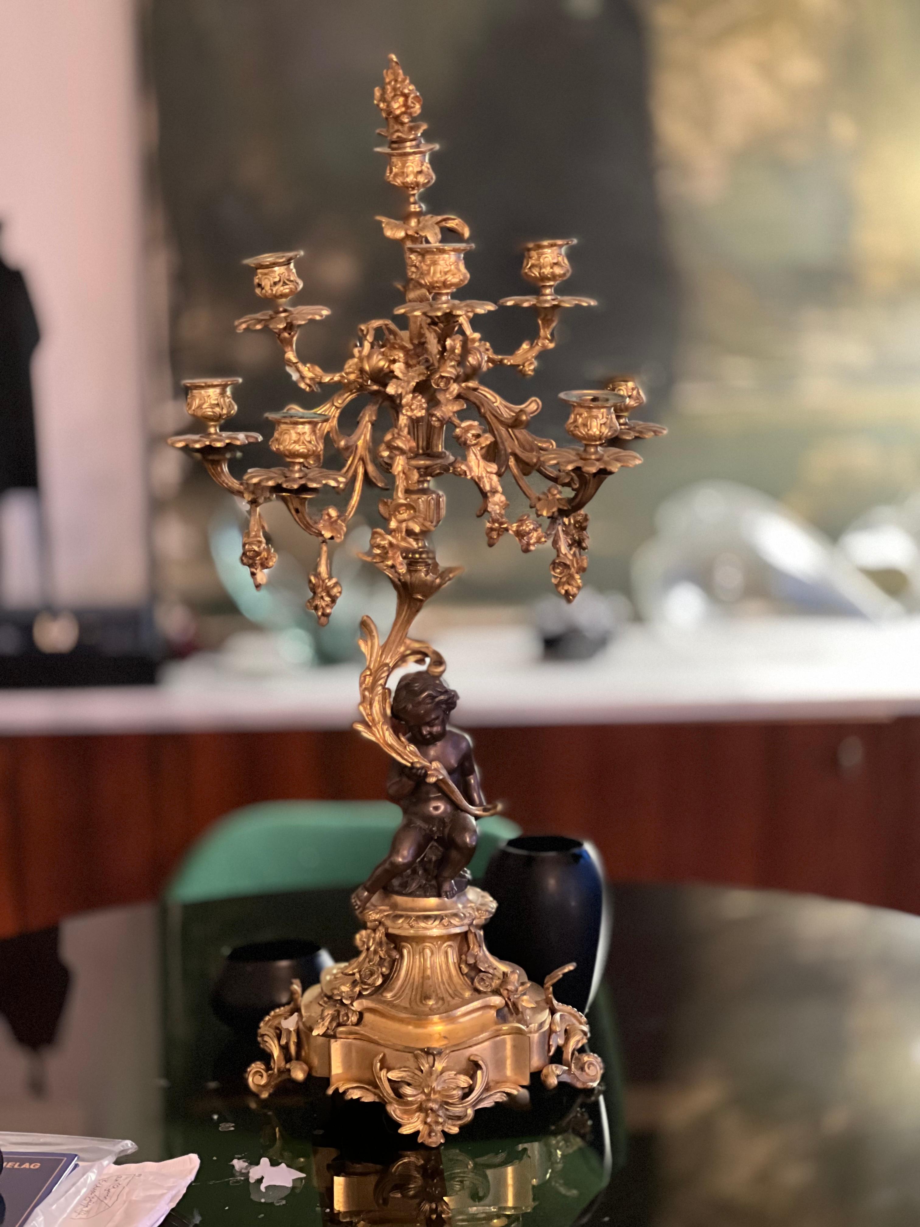 Pair of Napoleon III Gilt and Patinated Bronze Eight-Light Candelabre, 19th Cent In Good Condition For Sale In Basel, BS