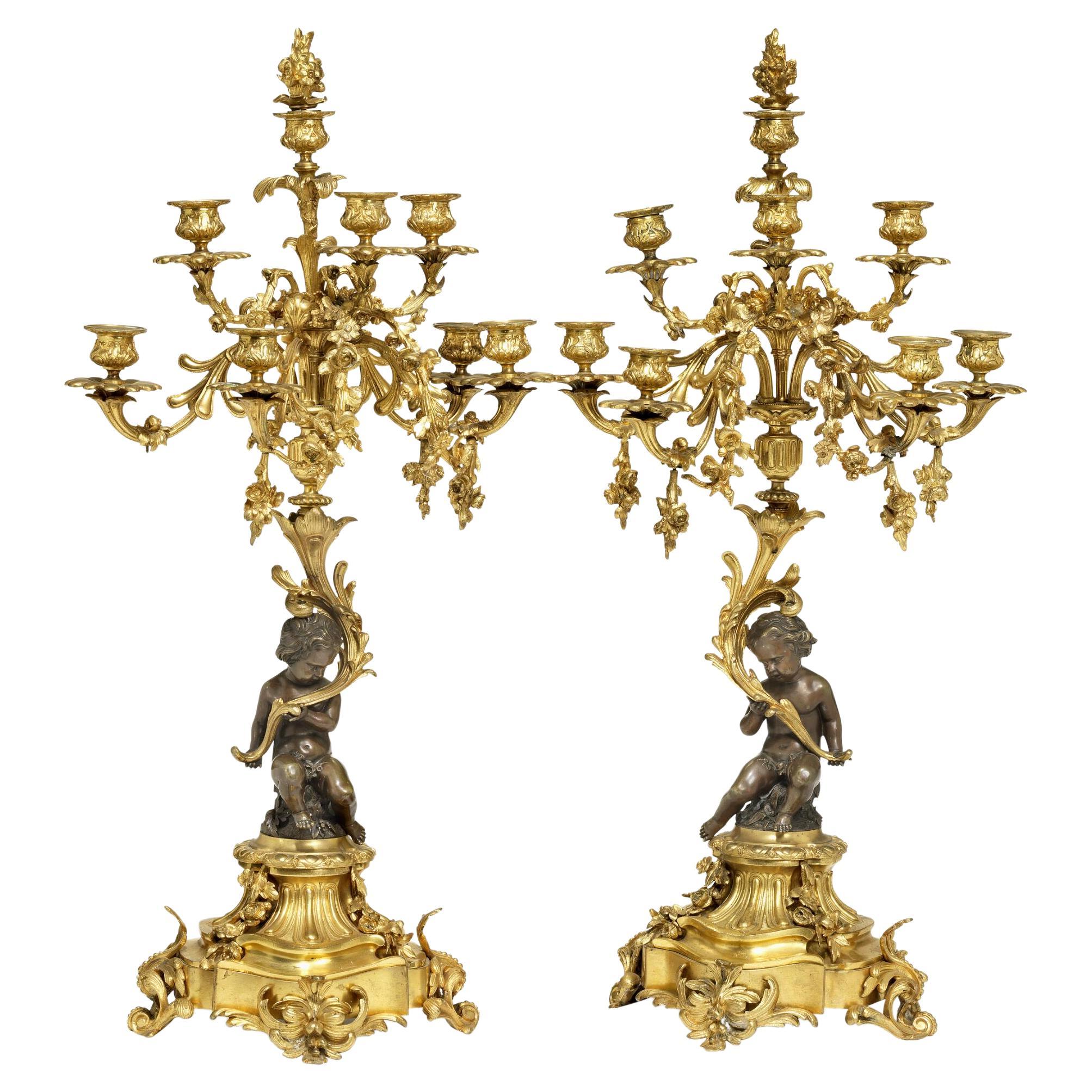 Pair of Napoleon III Gilt and Patinated Bronze Eight-Light Candelabre, 19th Cent For Sale