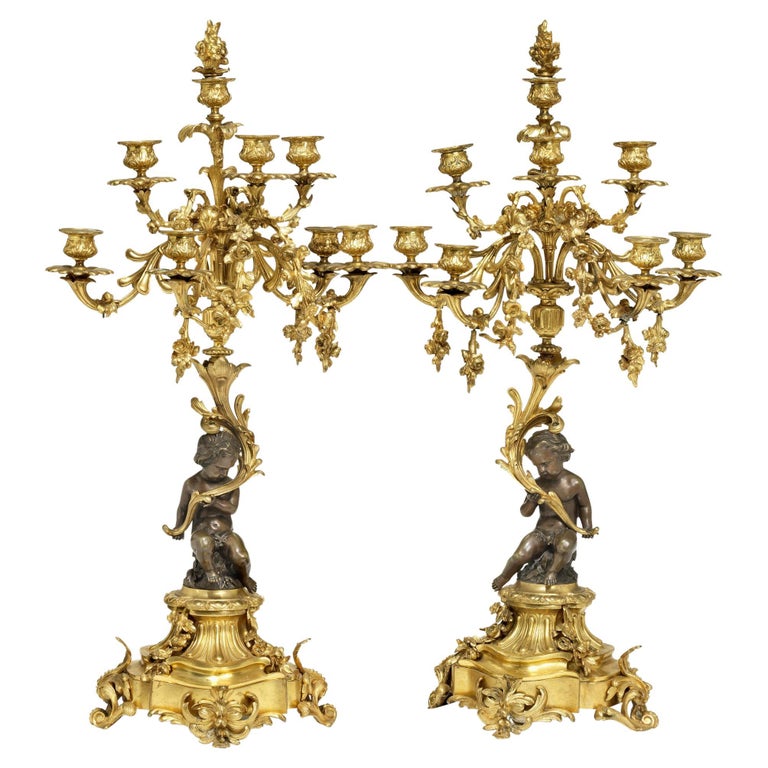 Pair of Napoleon III Gilt and Patinated Bronze Eight-Light Candelabre, 19th  Cent For Sale at 1stDibs