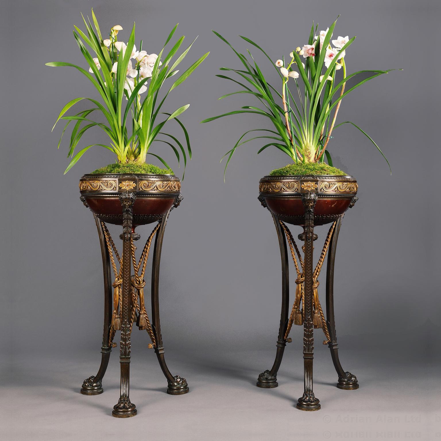 Una raffinata coppia di Athéniennes in bronzo dorato e patinato di Napoléon III, modellate in stile classico antico, attribuite a  Henri Picard.

Il bronzo ha impresso il numero R 2571 e R 2572.  

Questa bella coppia di Athéniennes o jardinières in