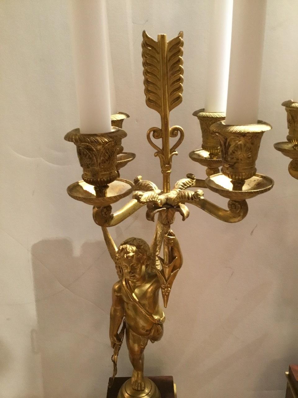 Empire Pair of Napoleon III Gilt Bronze and Rouge Griotte Marble Four-Light Candelabrum